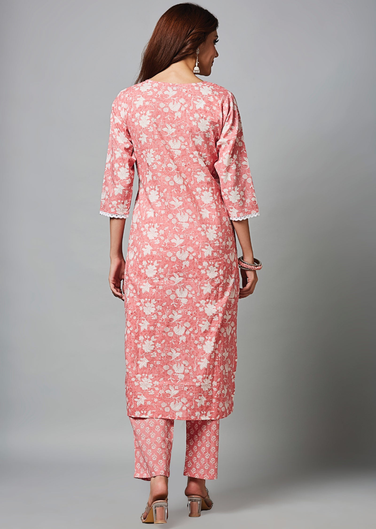 Pink Cotton Straight Cut Suit