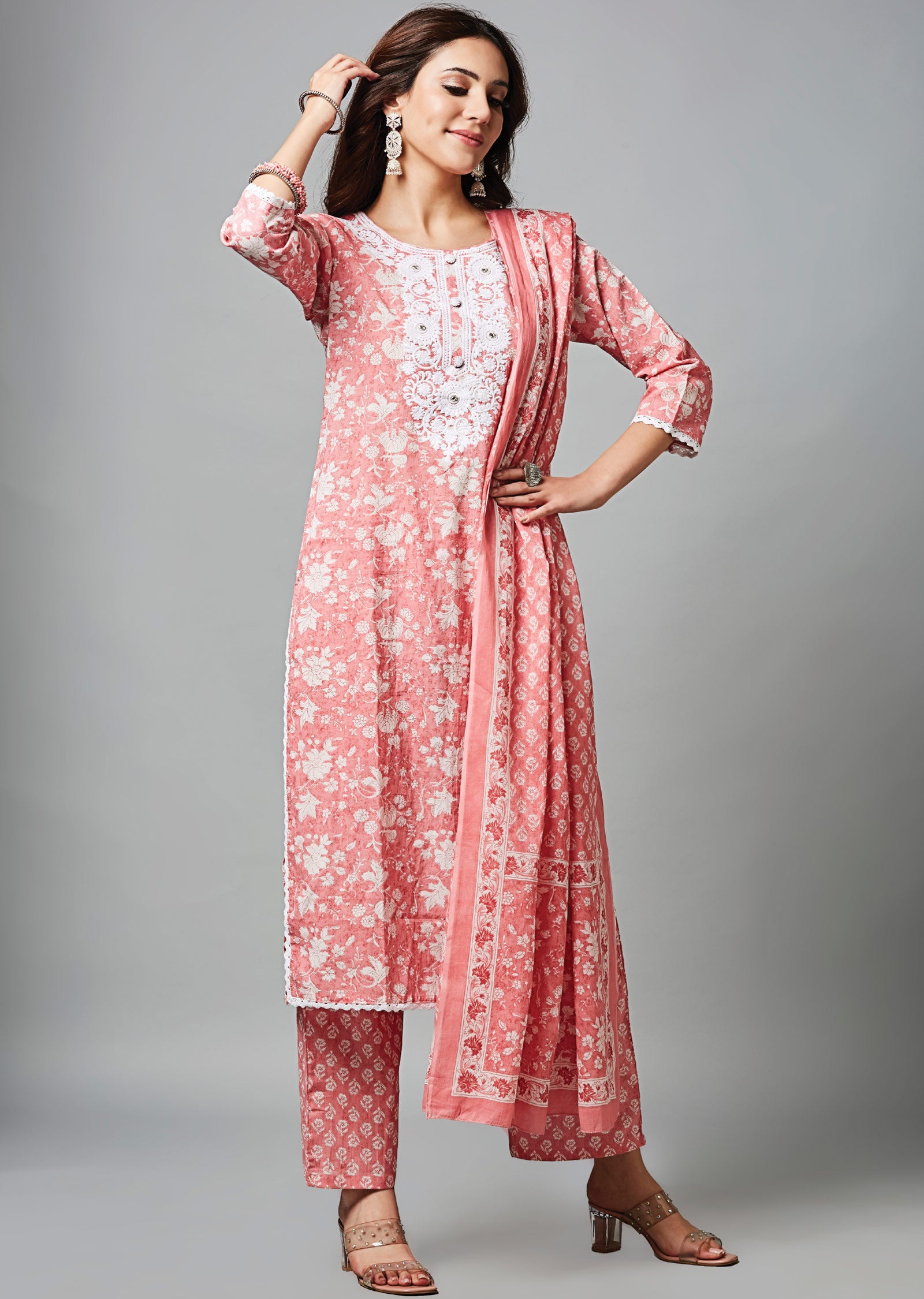 Pink Cotton Straight Cut Suit