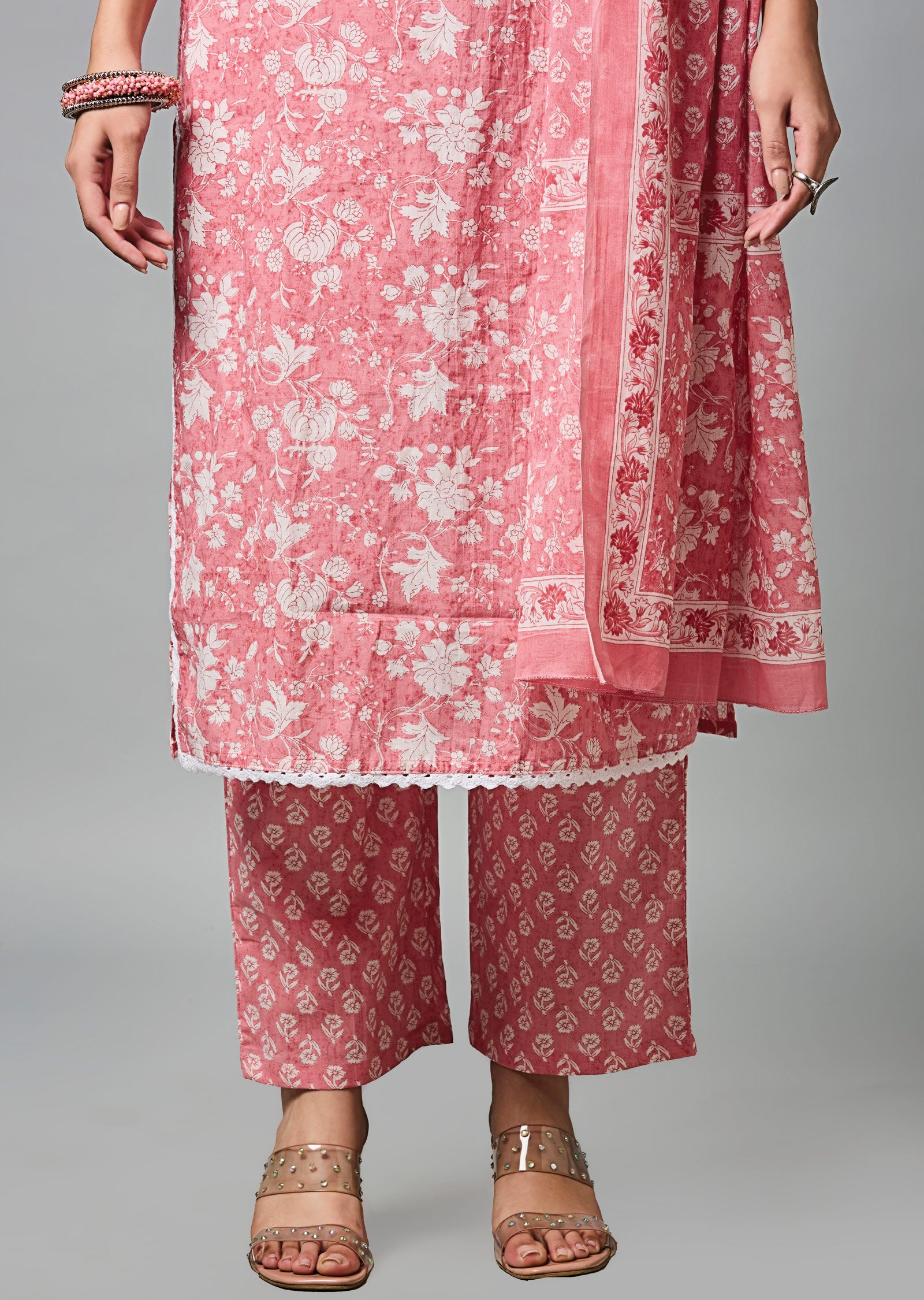 Pink Cotton Straight Cut Suit