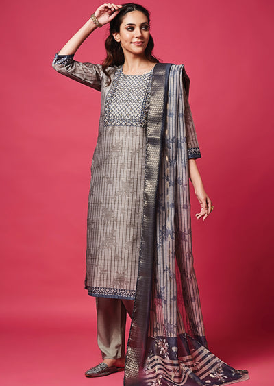 Light Grey Banaras Chanderi Straight Cut Suit