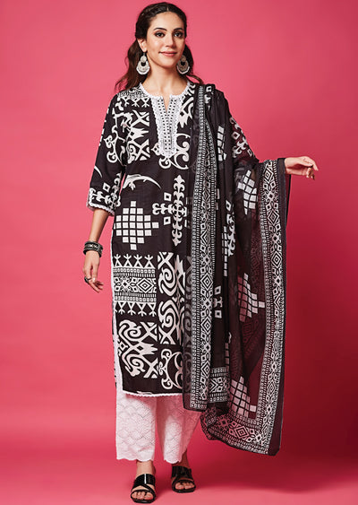 Black & White Cotton Straight Cut Suit