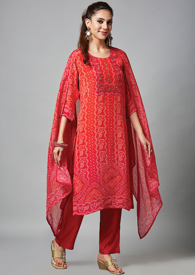 Red & Pink Crepe Straight Cut Suit