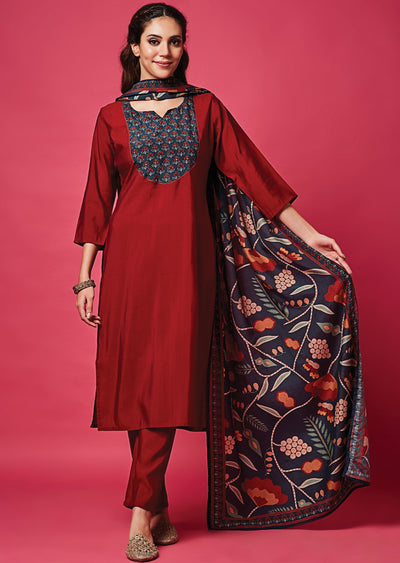 Maroon Russian Silk Straight Cut Suit