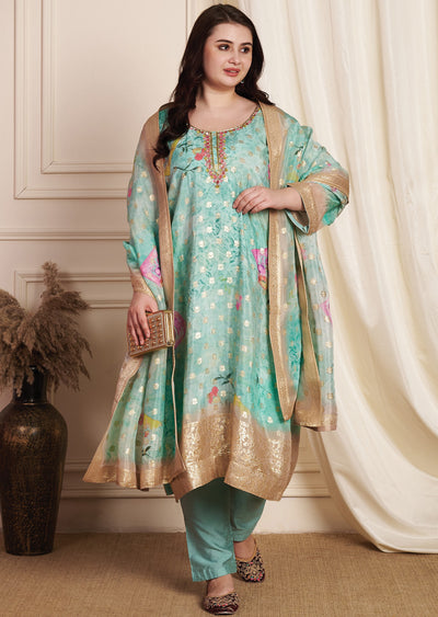 Sea Green Banaras Dola Silk Straight Cut Suit