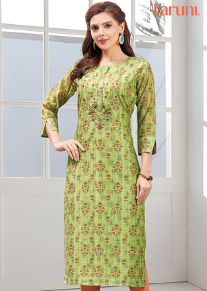 Mehndi Green Printed Banaras Chanderi Straight Cut Kurti