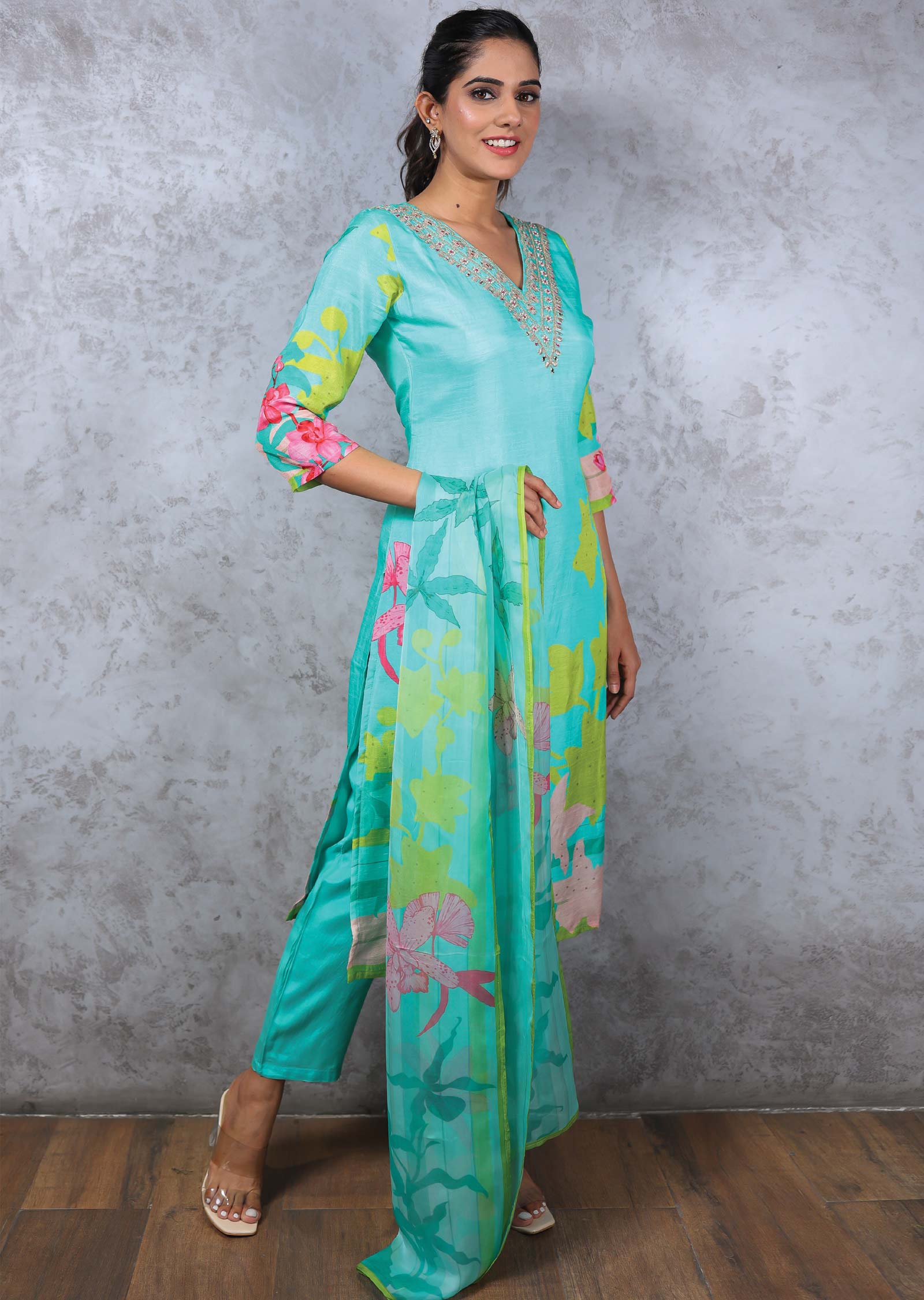 Sea Green Modal Printed Straight cut suits