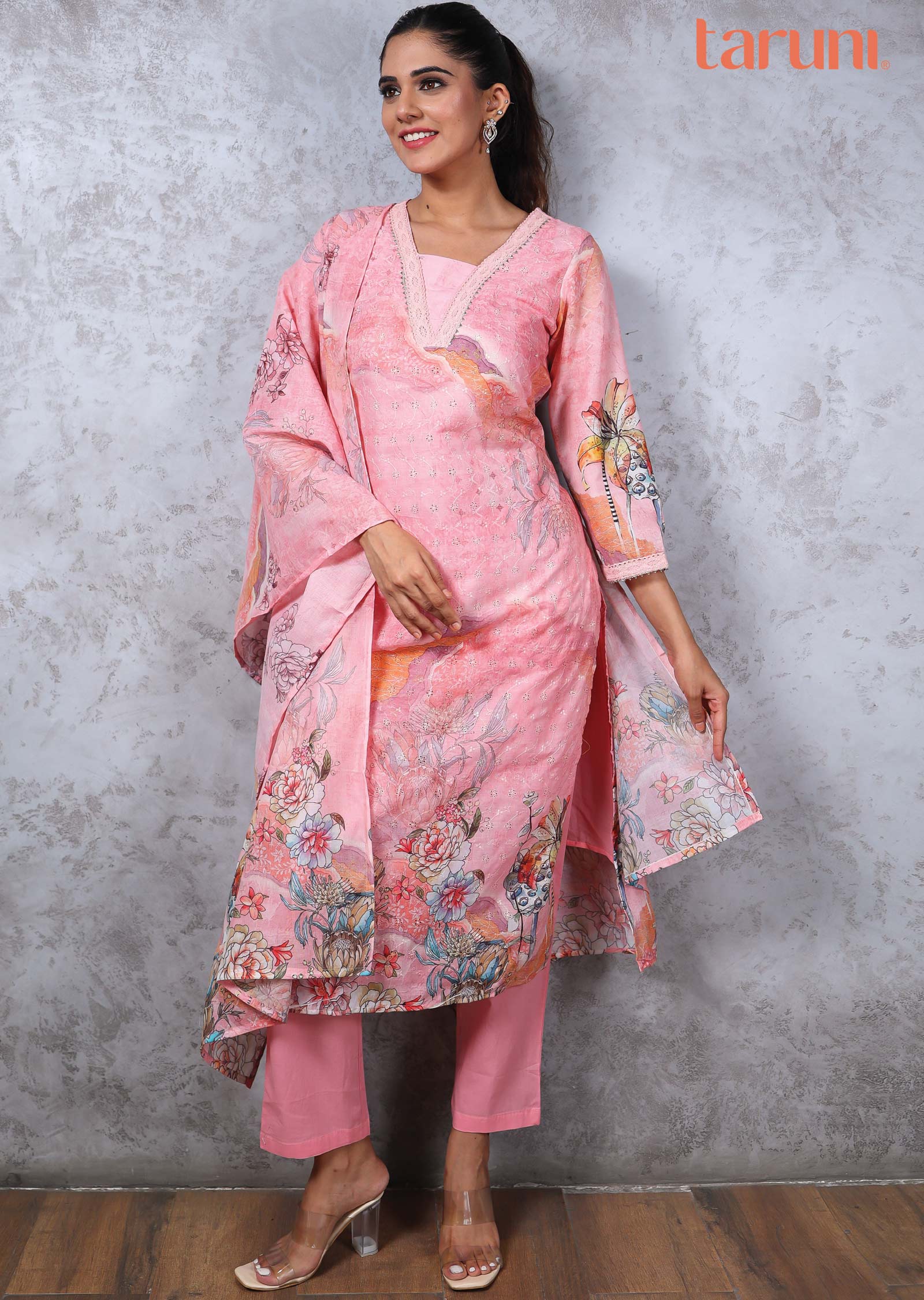 Pink Cotton Straight cut suit