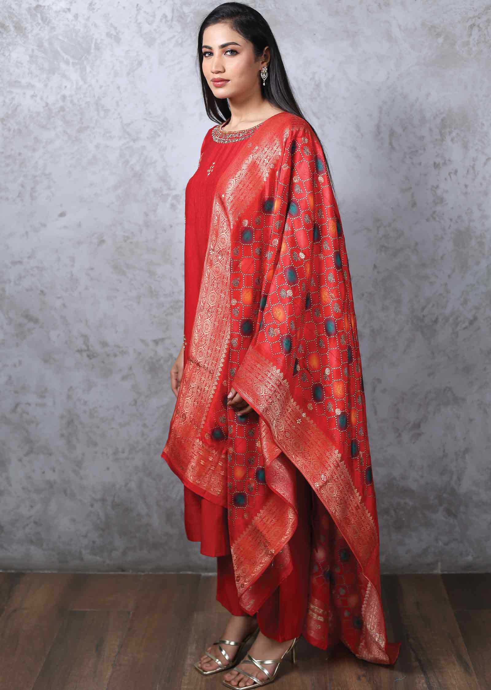 Redish Maroon Silk Embroidered Straight cut suits