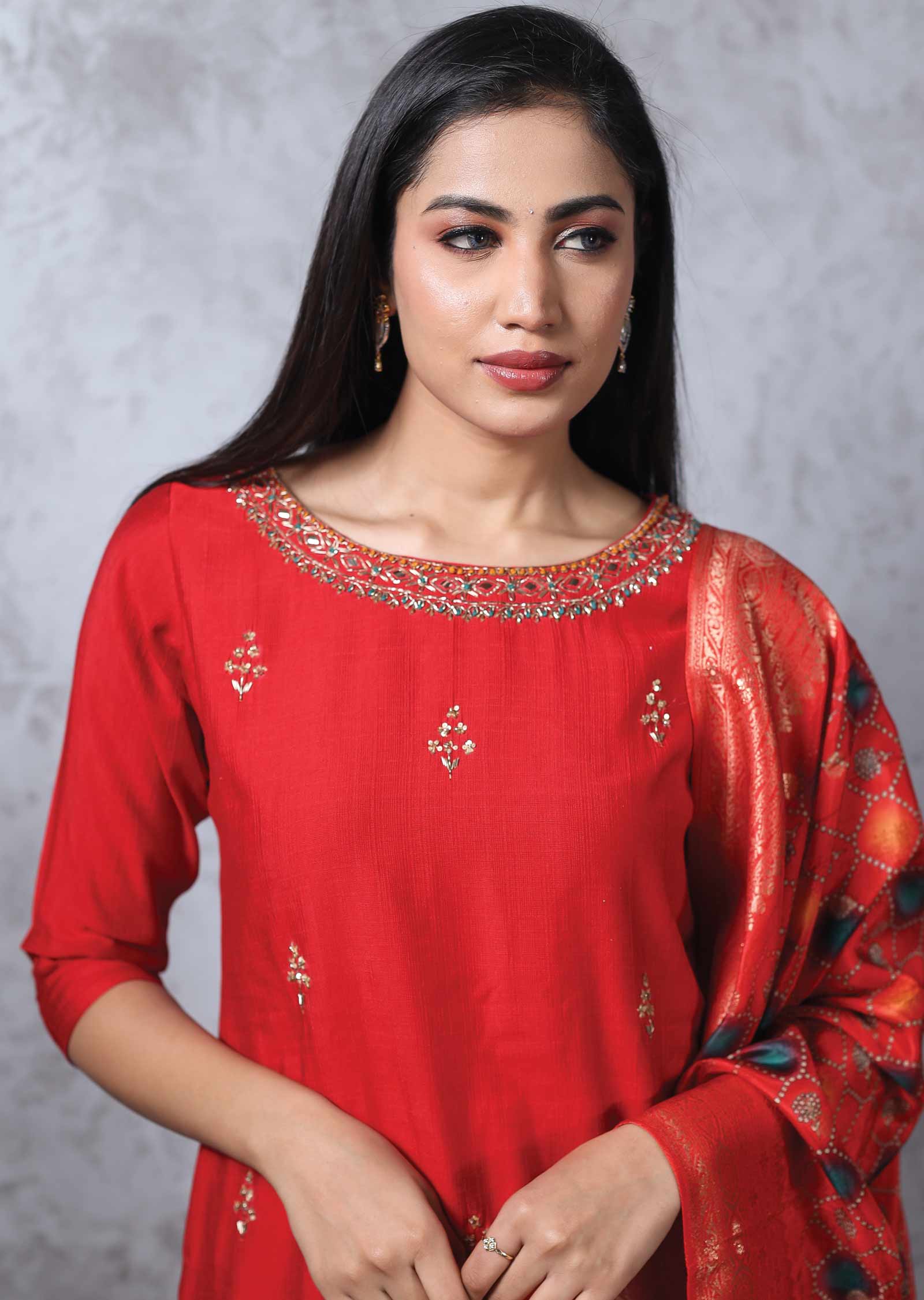 Redish Maroon Silk Embroidered Straight cut suits