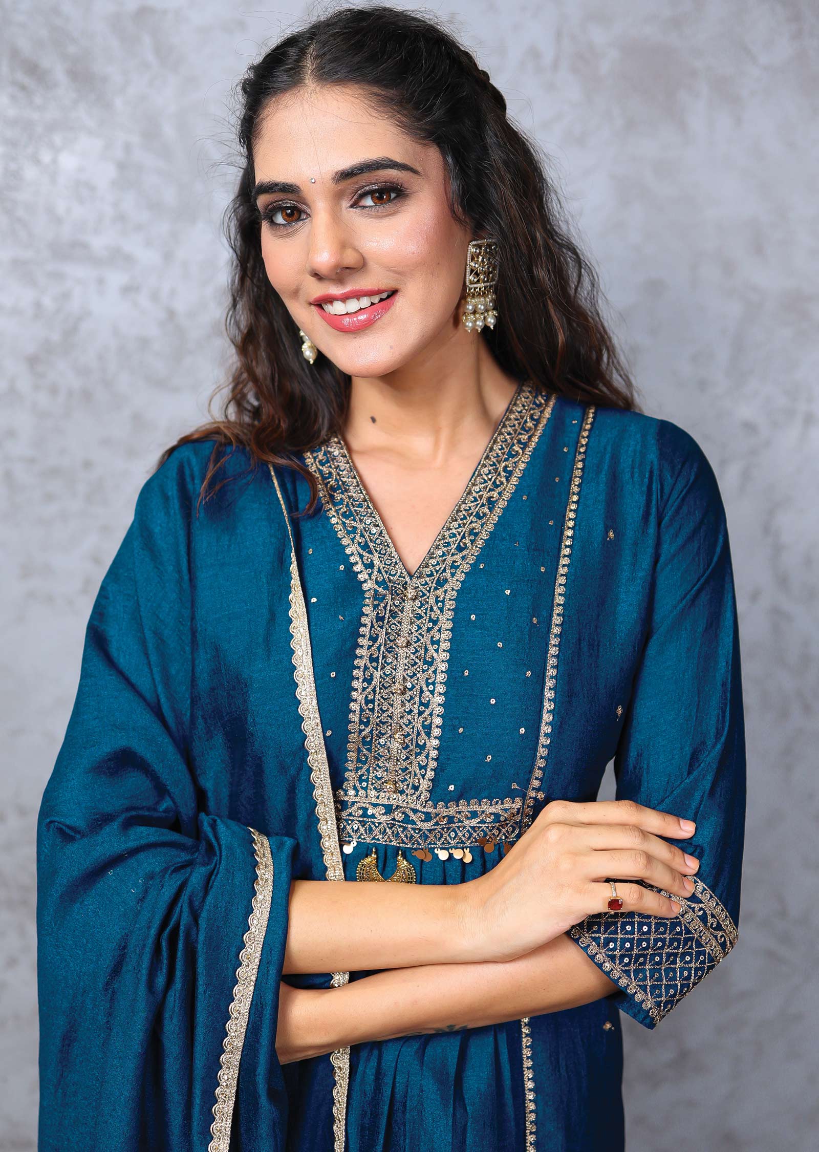 Ink Blue Silk Embroidered Straight cut suits - Main Image