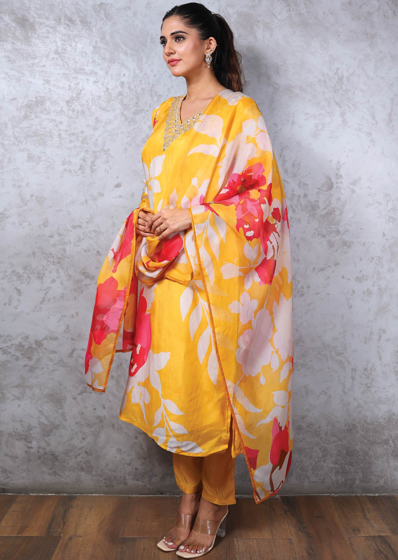 Mustard Modal Printed Straight cut suits