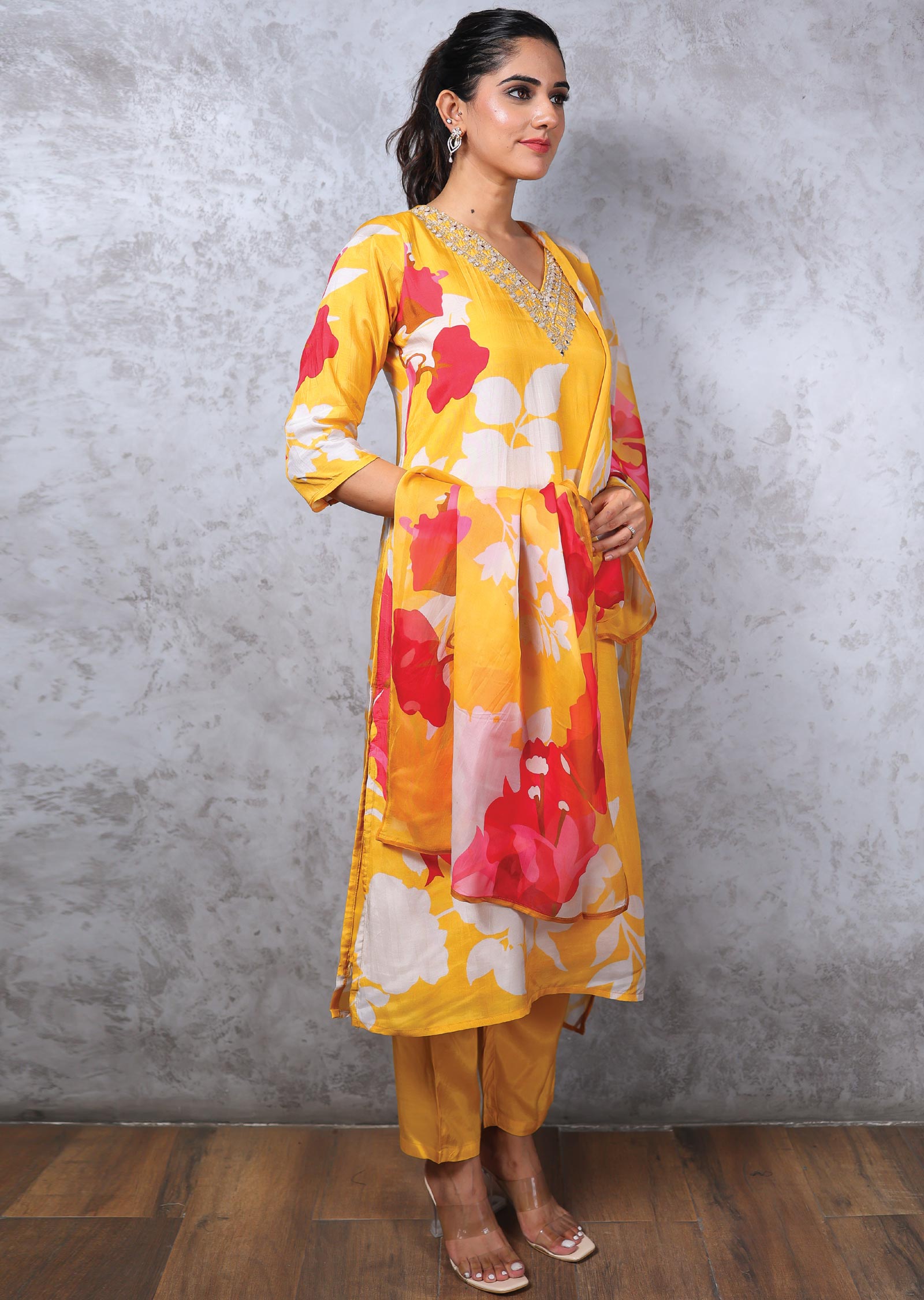 Mustard Modal Printed Straight cut suits