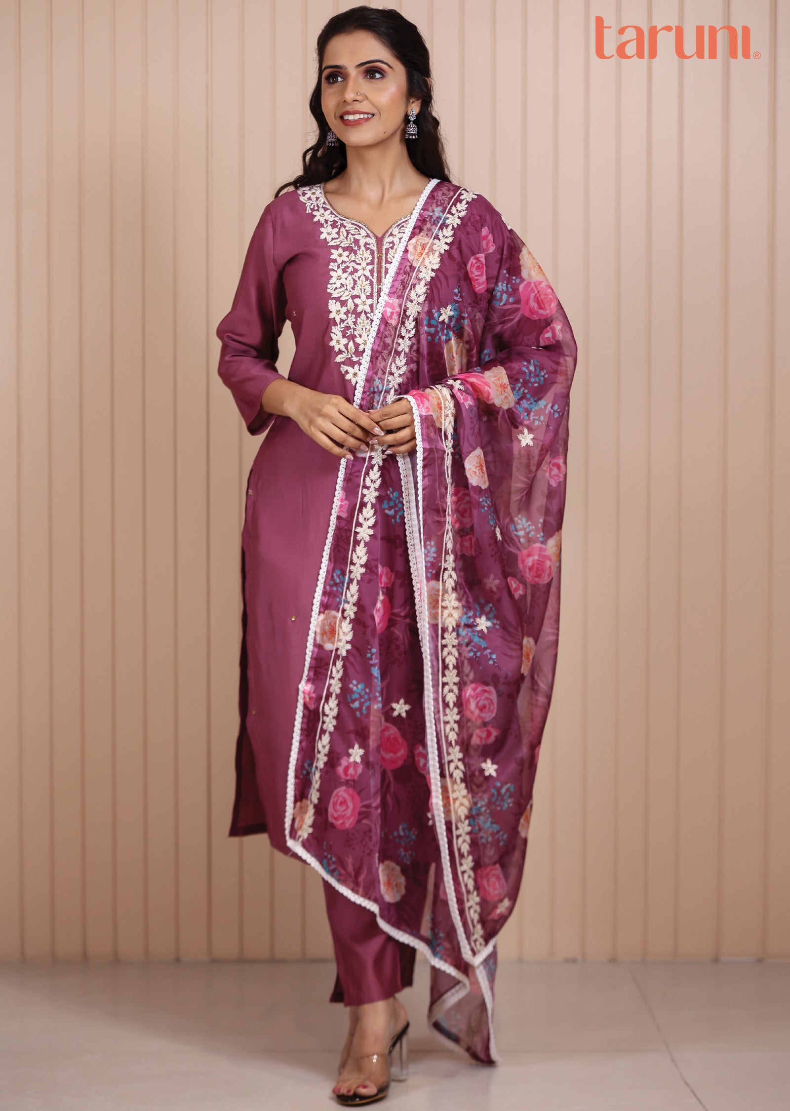 Dark Onion Pink Chanderi Resham & Cut Dana Work Straight cut suits