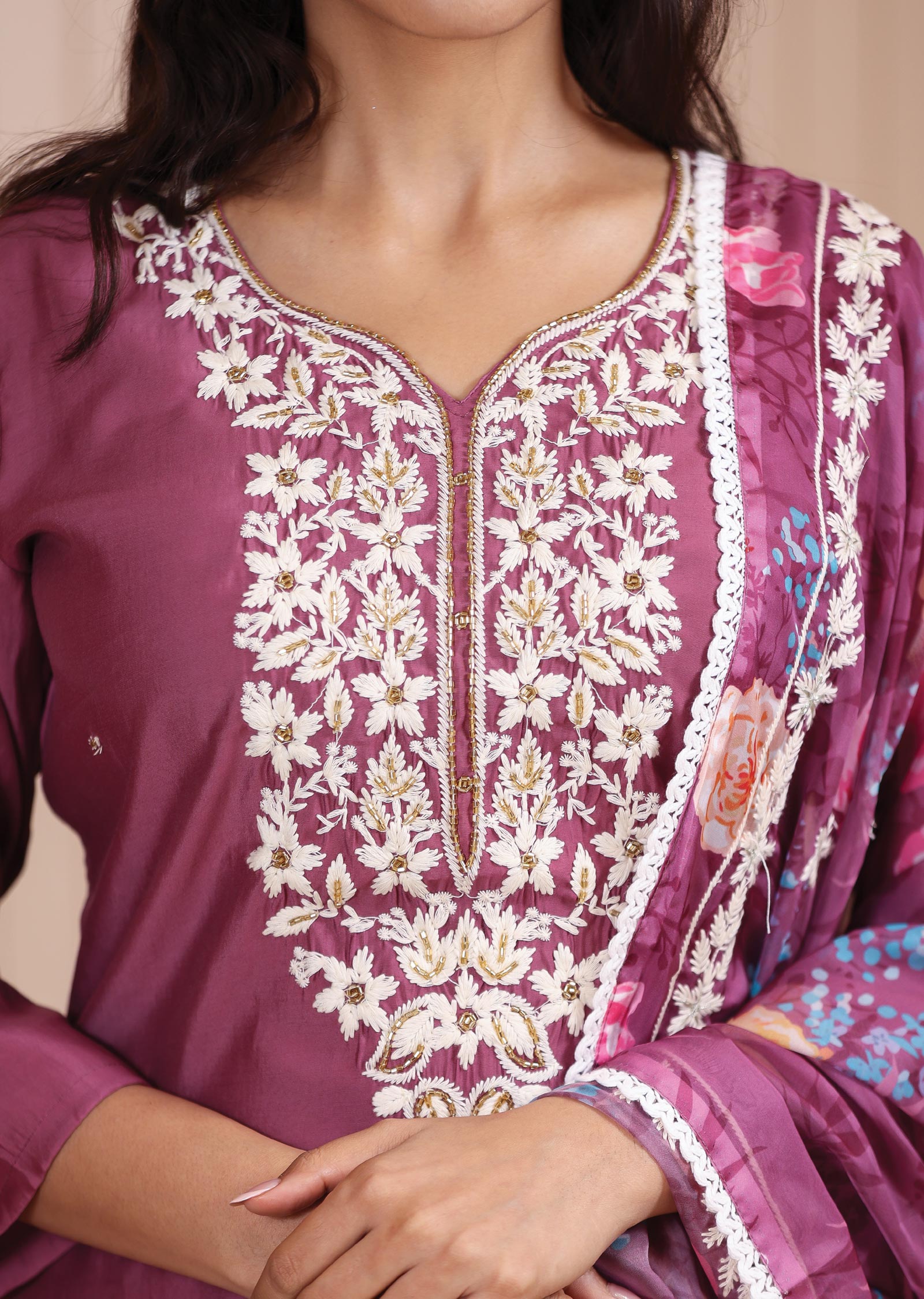 Dark Onion Pink Chanderi Resham & Cut Dana Work Straight cut suits