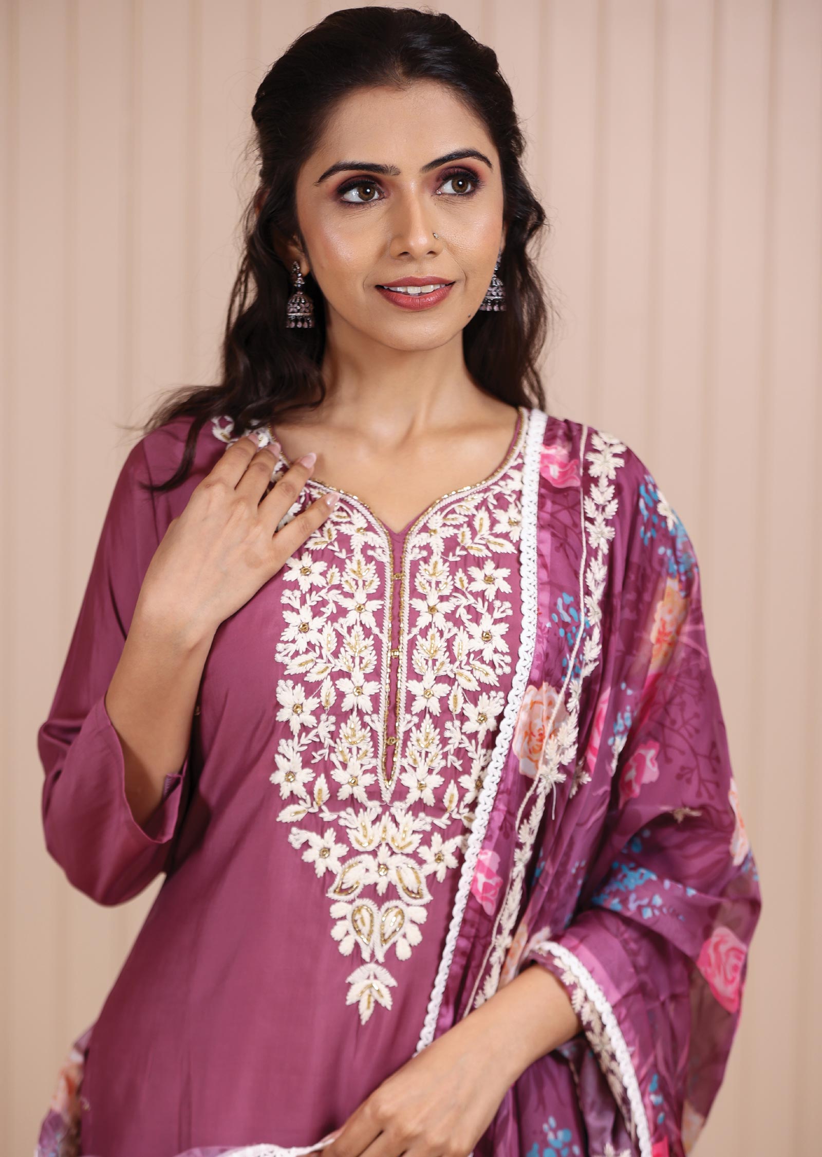 Dark Onion Pink Chanderi Resham & Cut Dana Work Straight cut suits