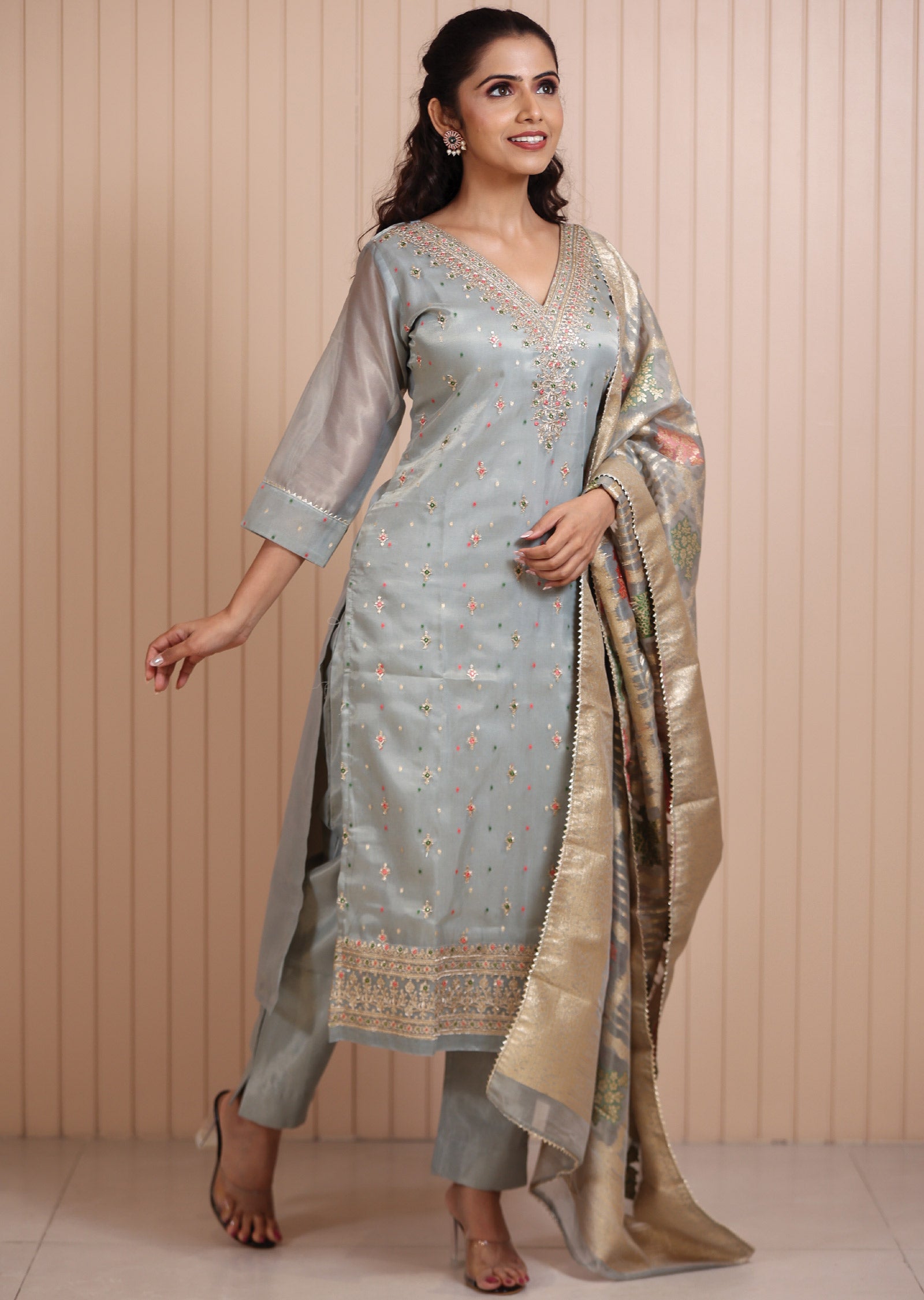 Dusty Green Tissue Silk Zari & Sequence Work Straight cut suits