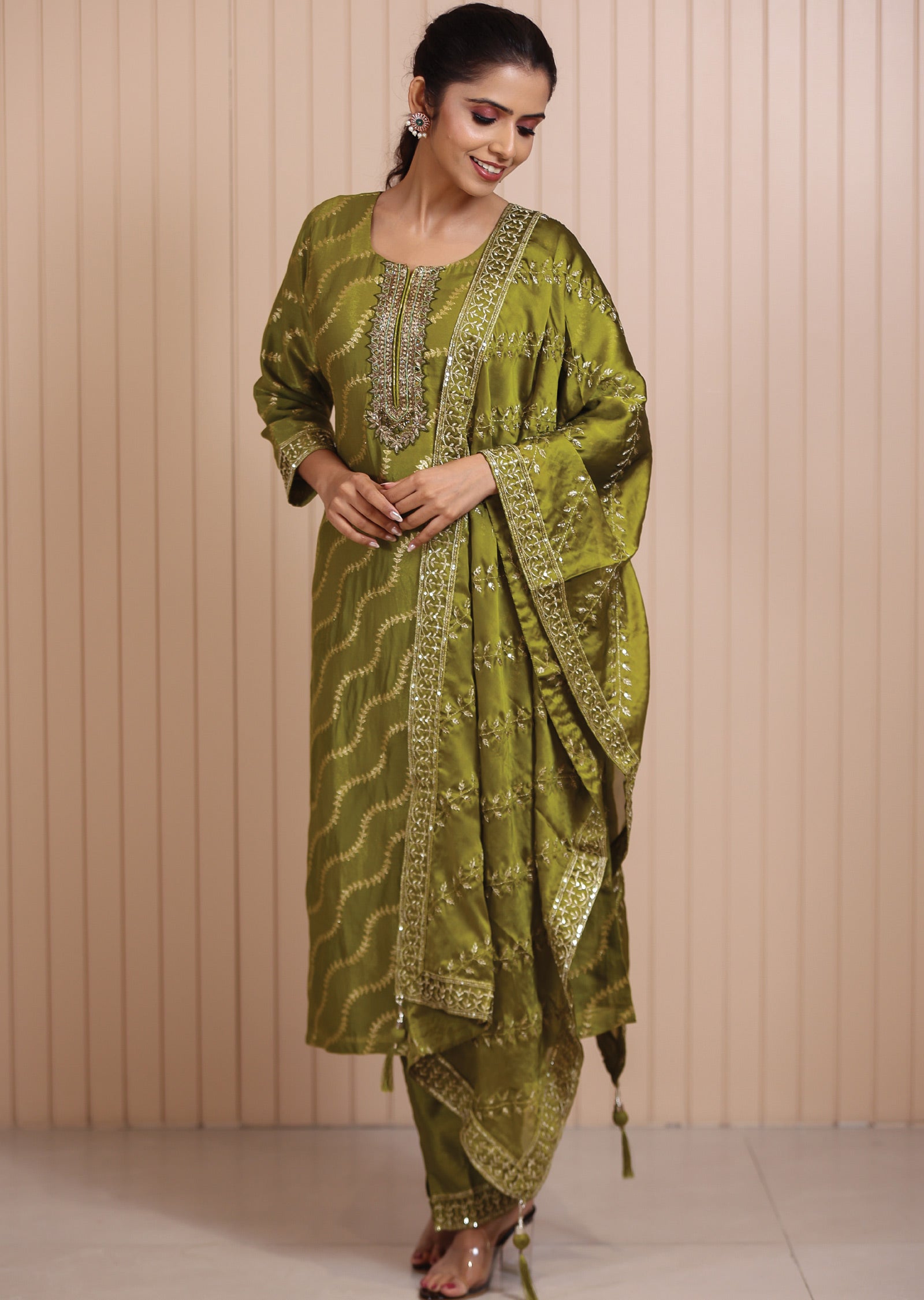 Mehendi Green Banaras Sequence & Mirror Work Straight cut suits