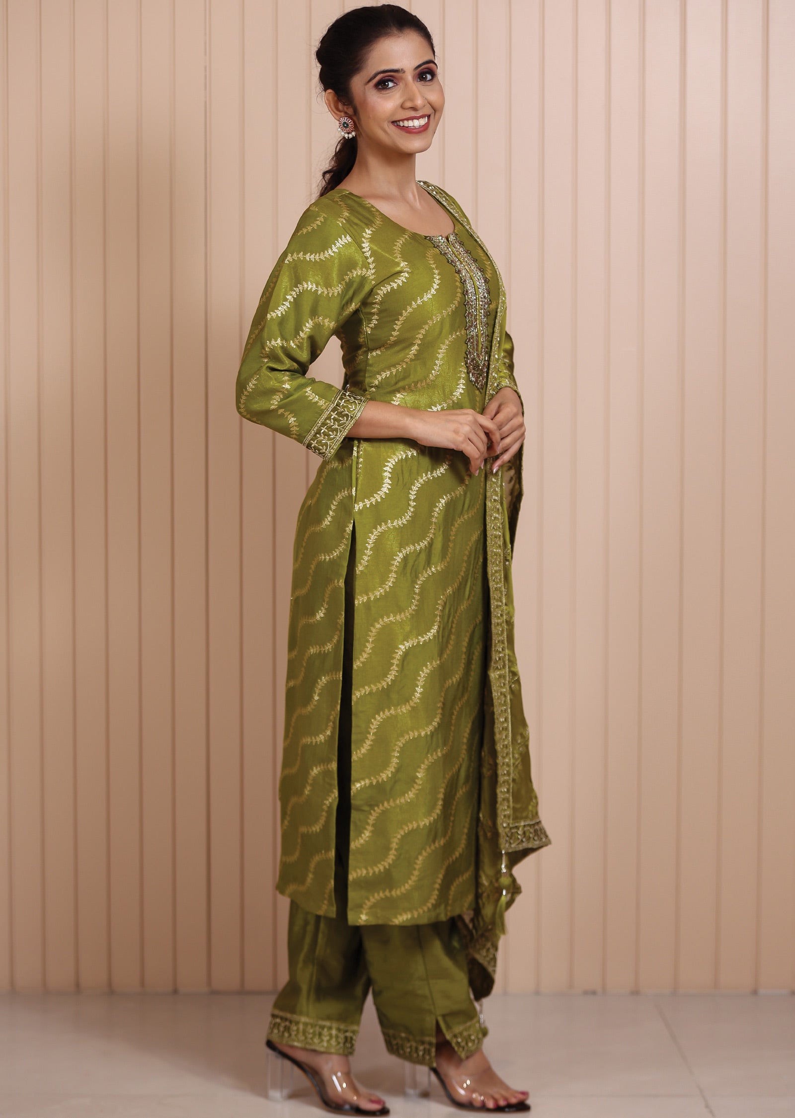 Mehendi Green Banaras Sequence & Mirror Work Straight cut suits