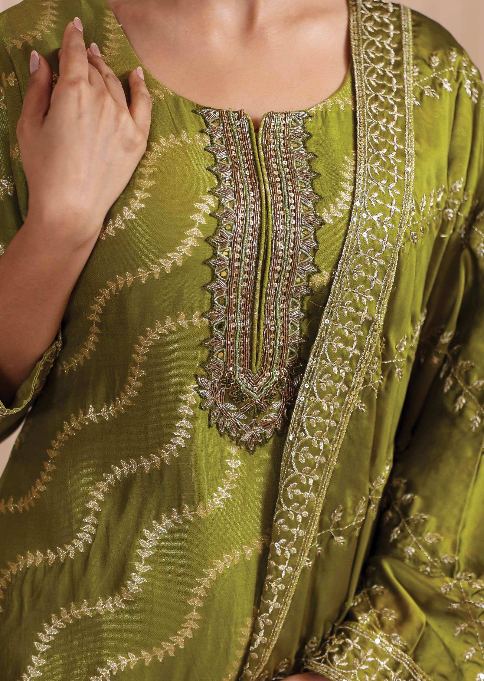 Mehendi Green Banaras Sequence & Mirror Work Straight cut suits