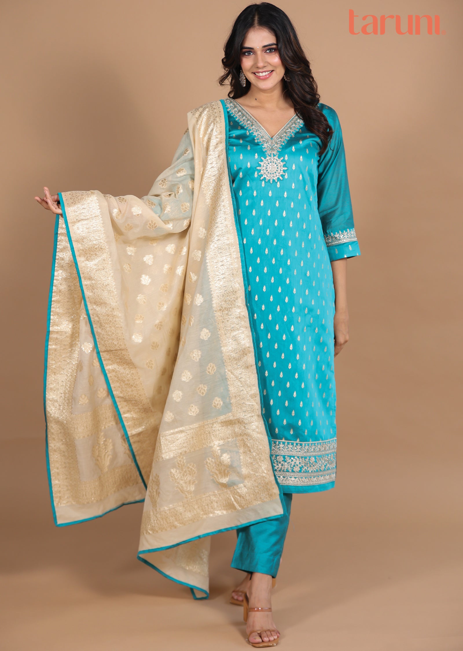 Rama Blue Banaras Chanderi Straight cut suits