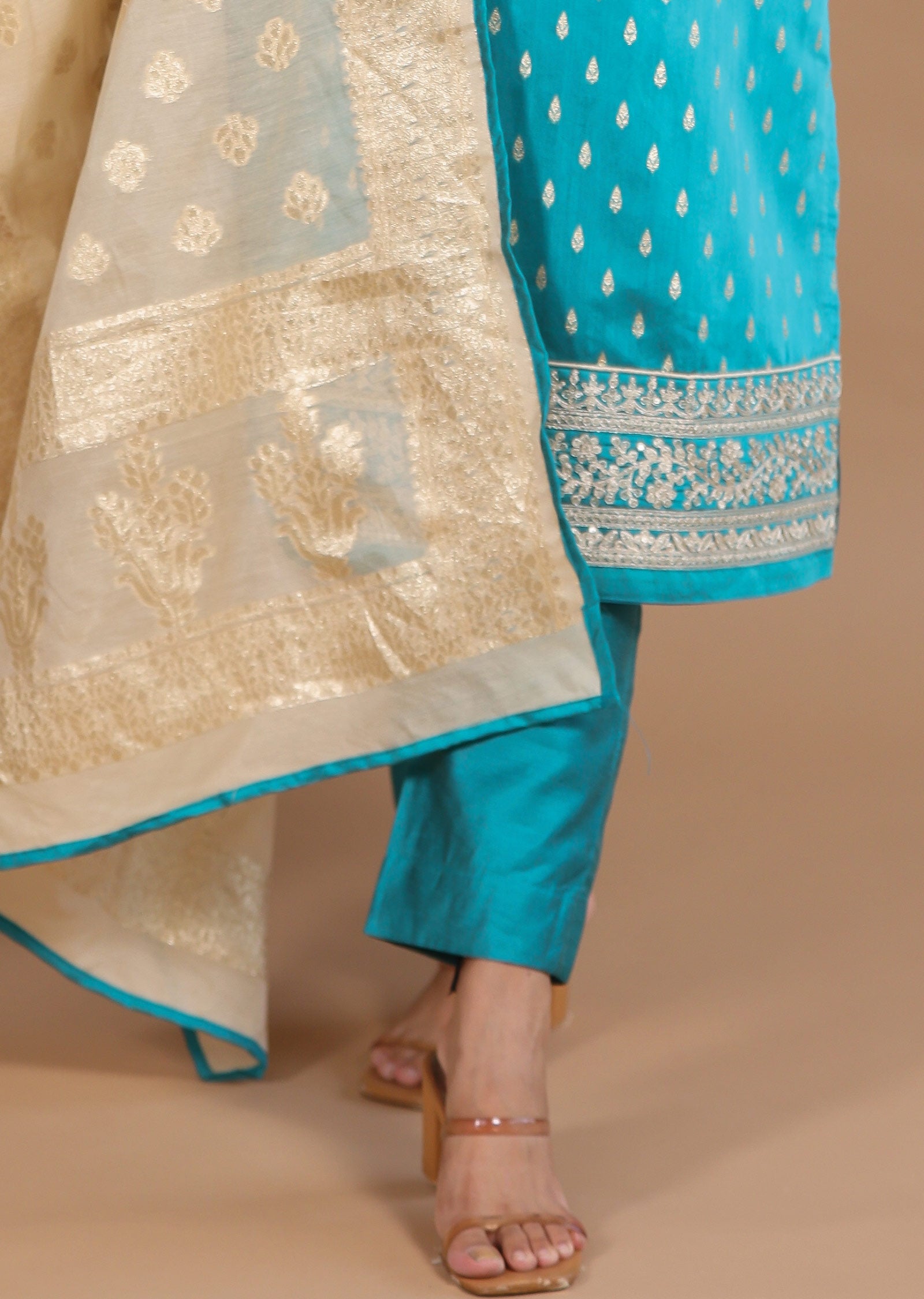 Rama Blue Banaras Chanderi Straight cut suits