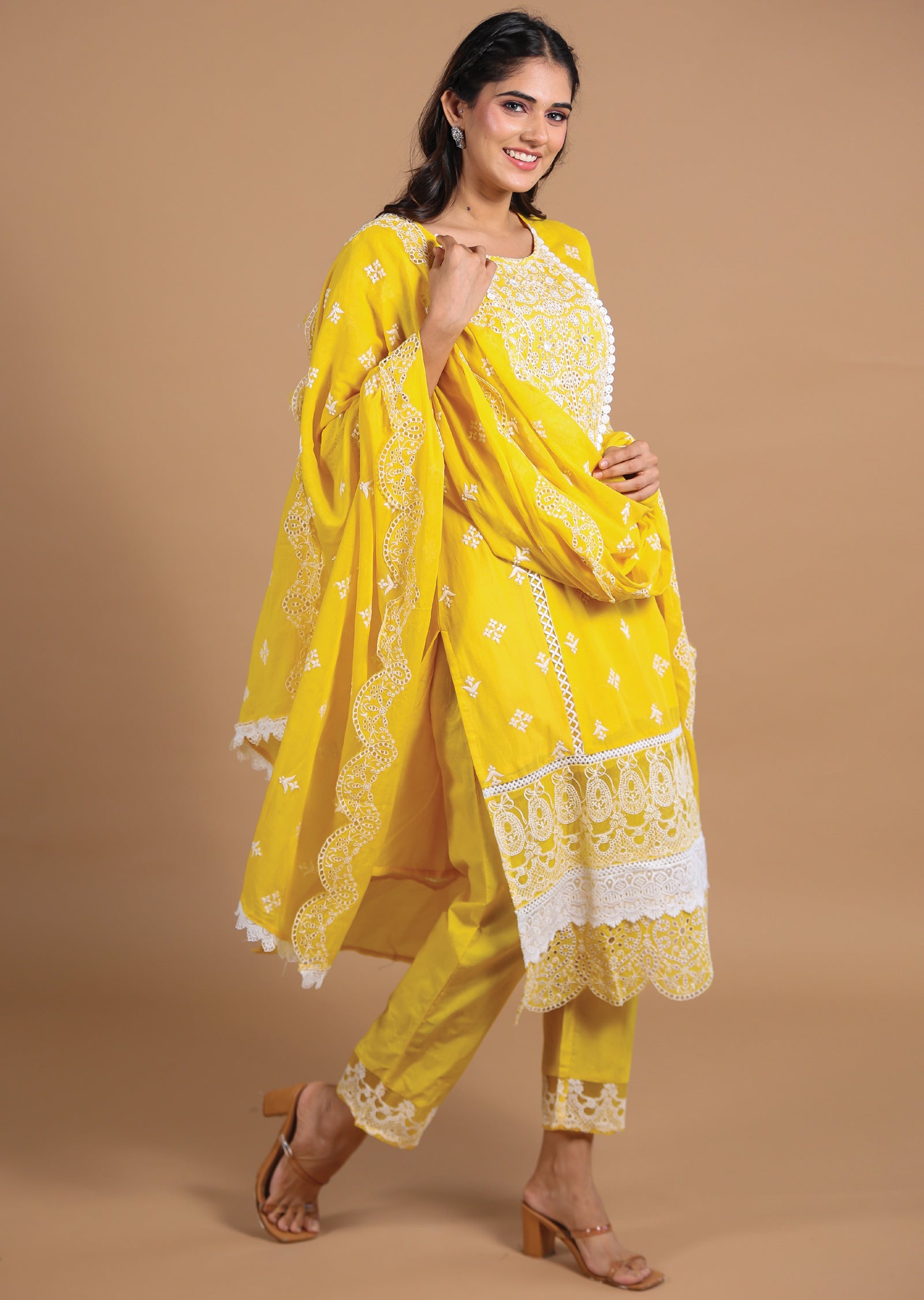 Yellow Cotton Straight cut suits