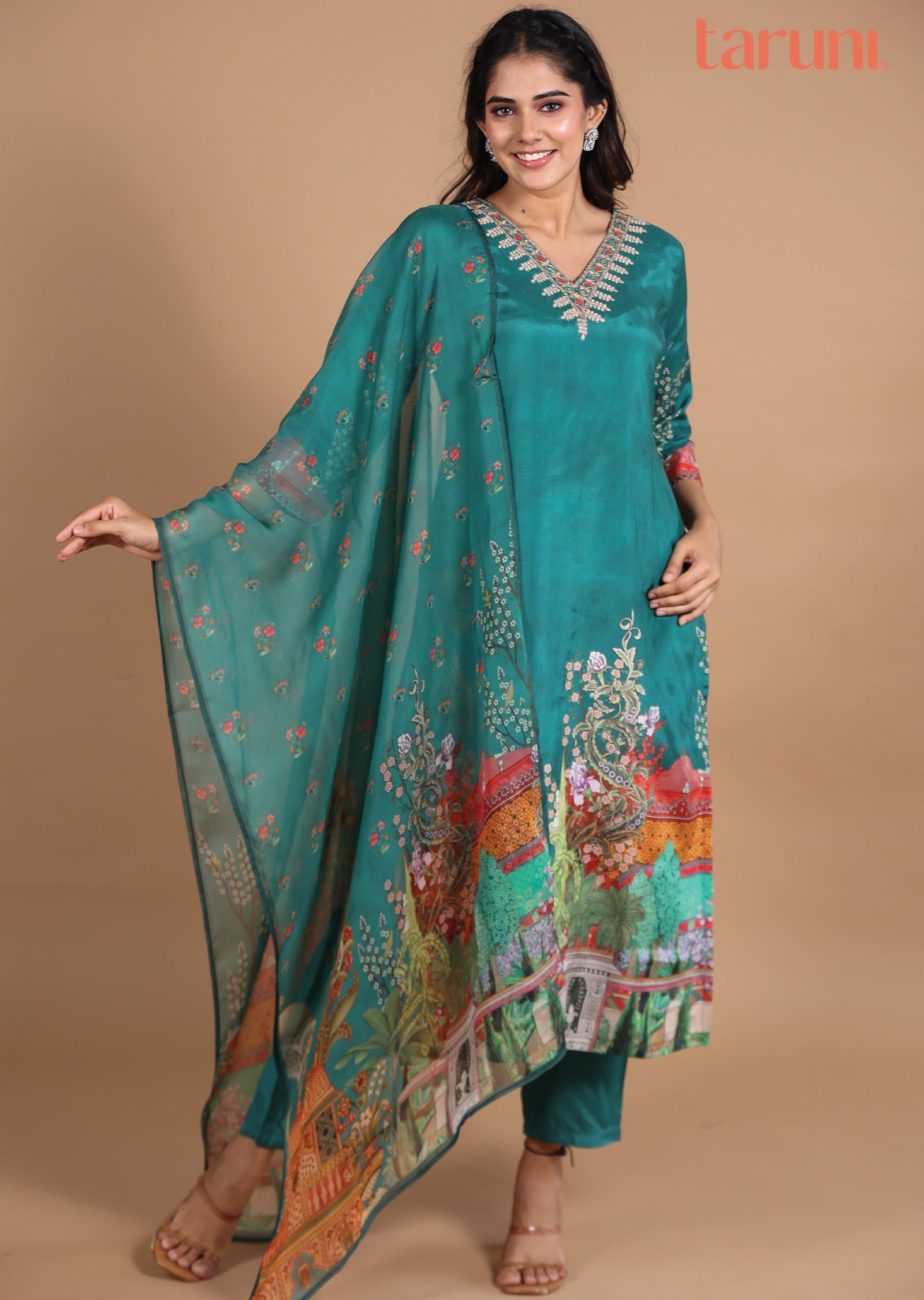 Green Dola Silk Straight cut suits