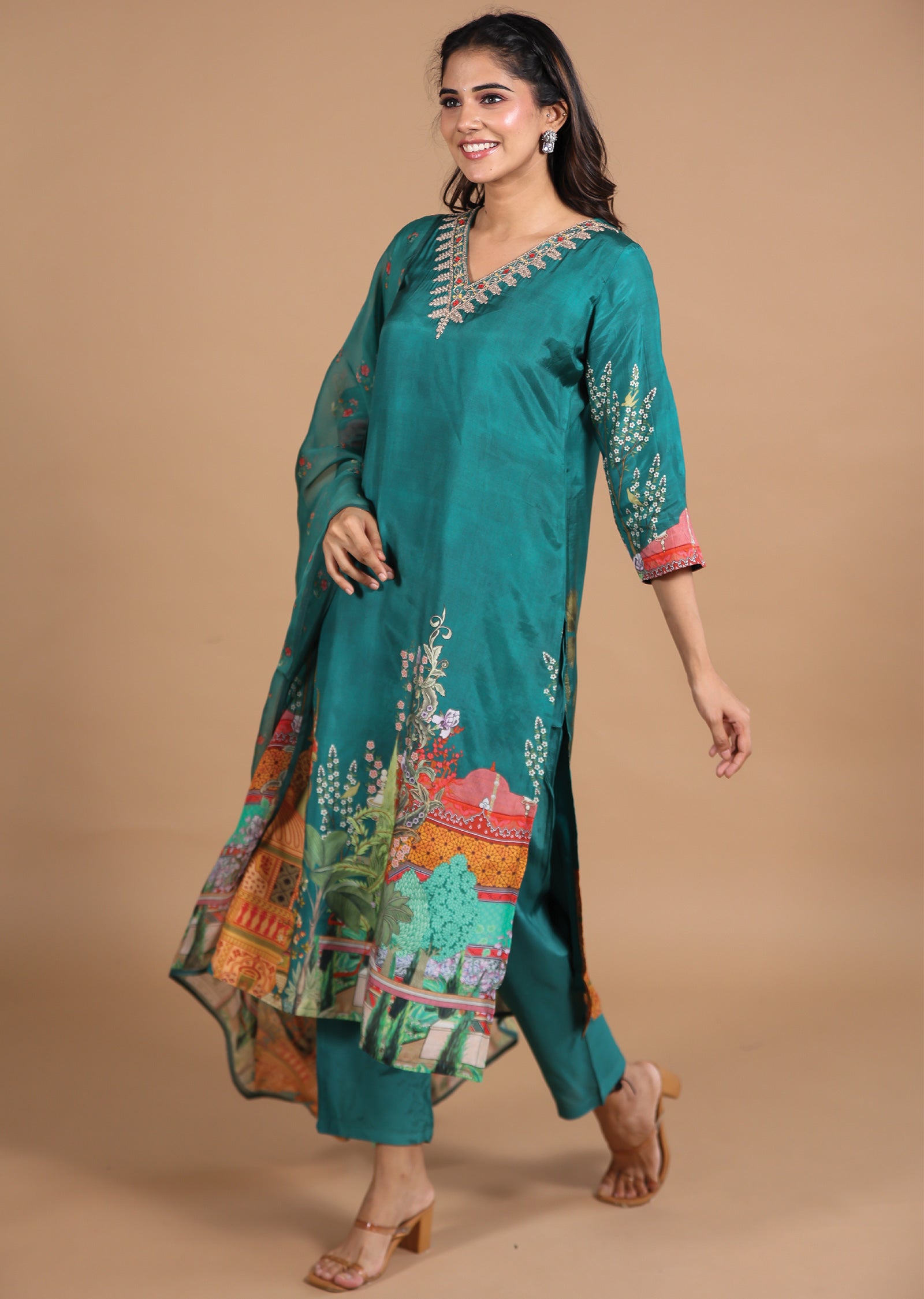 Green Dola Silk Straight cut suits