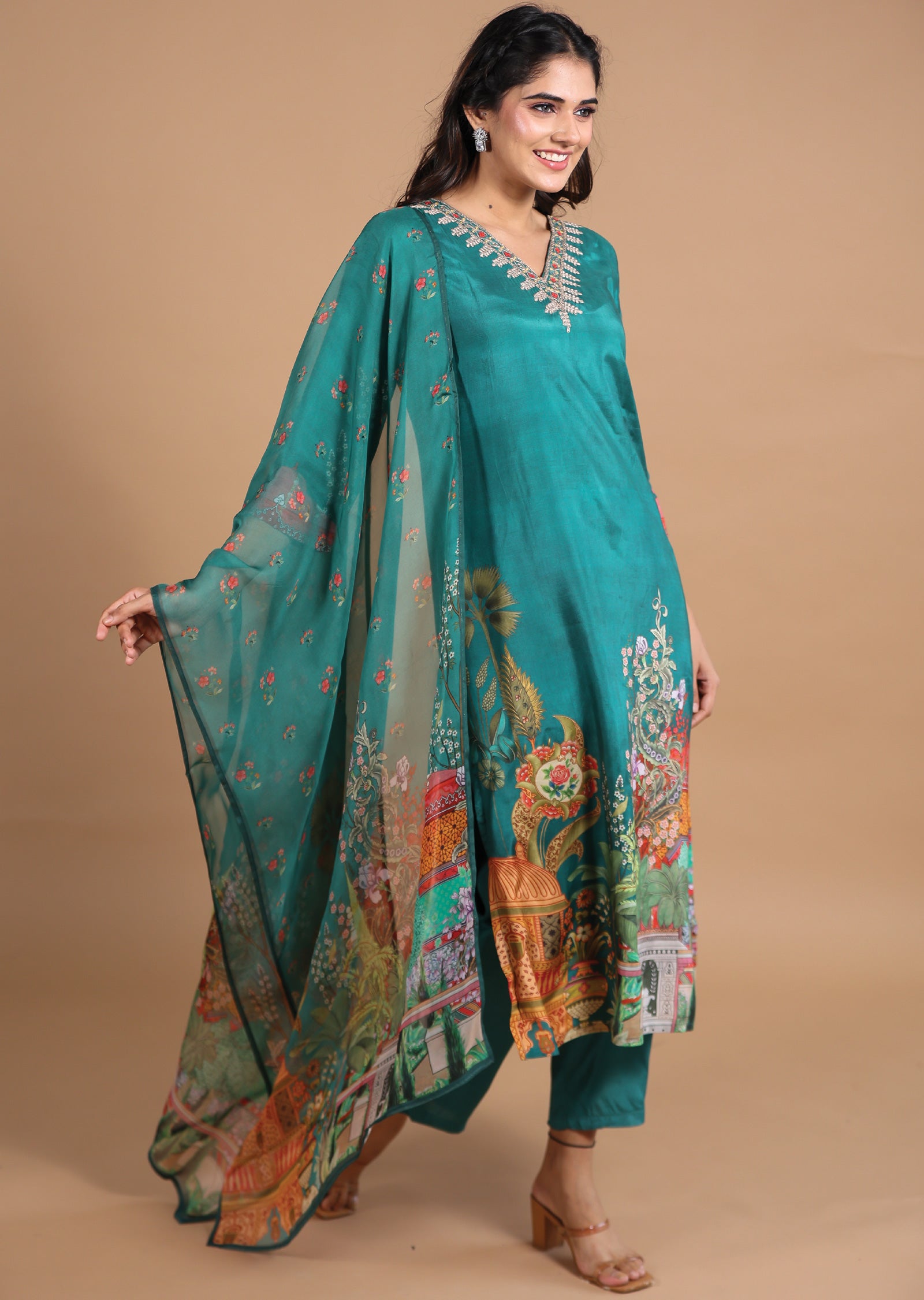 Green Dola Silk Straight cut suits