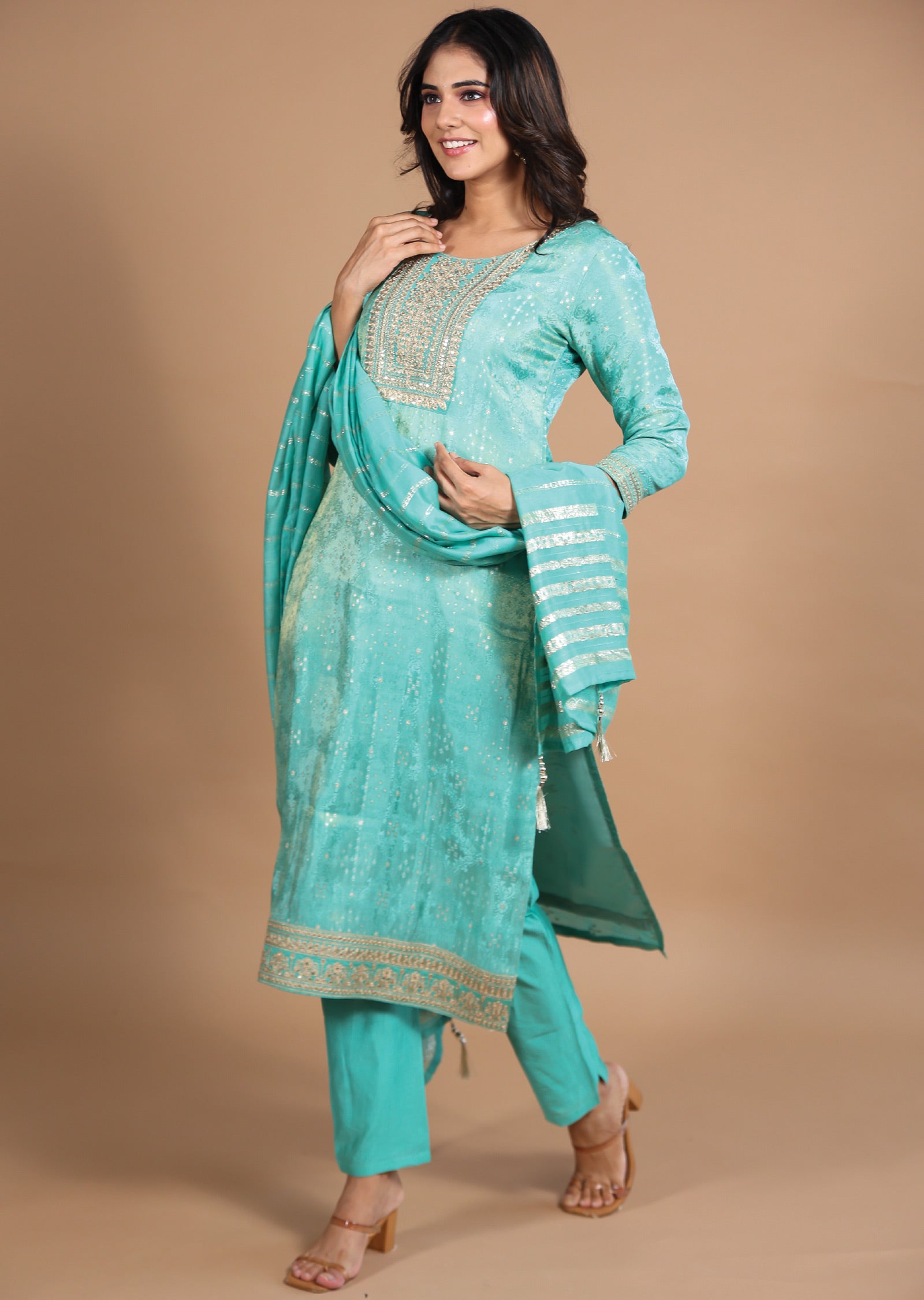 Green Banara Tissue Silk Straight cut suits