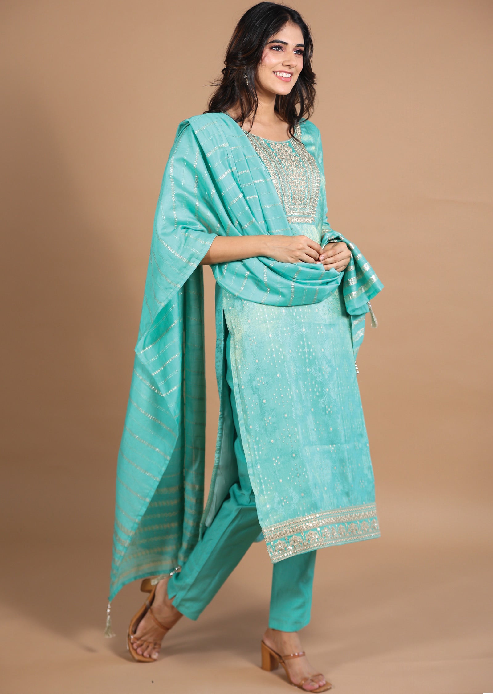 Green Banara Tissue Silk Straight cut suits