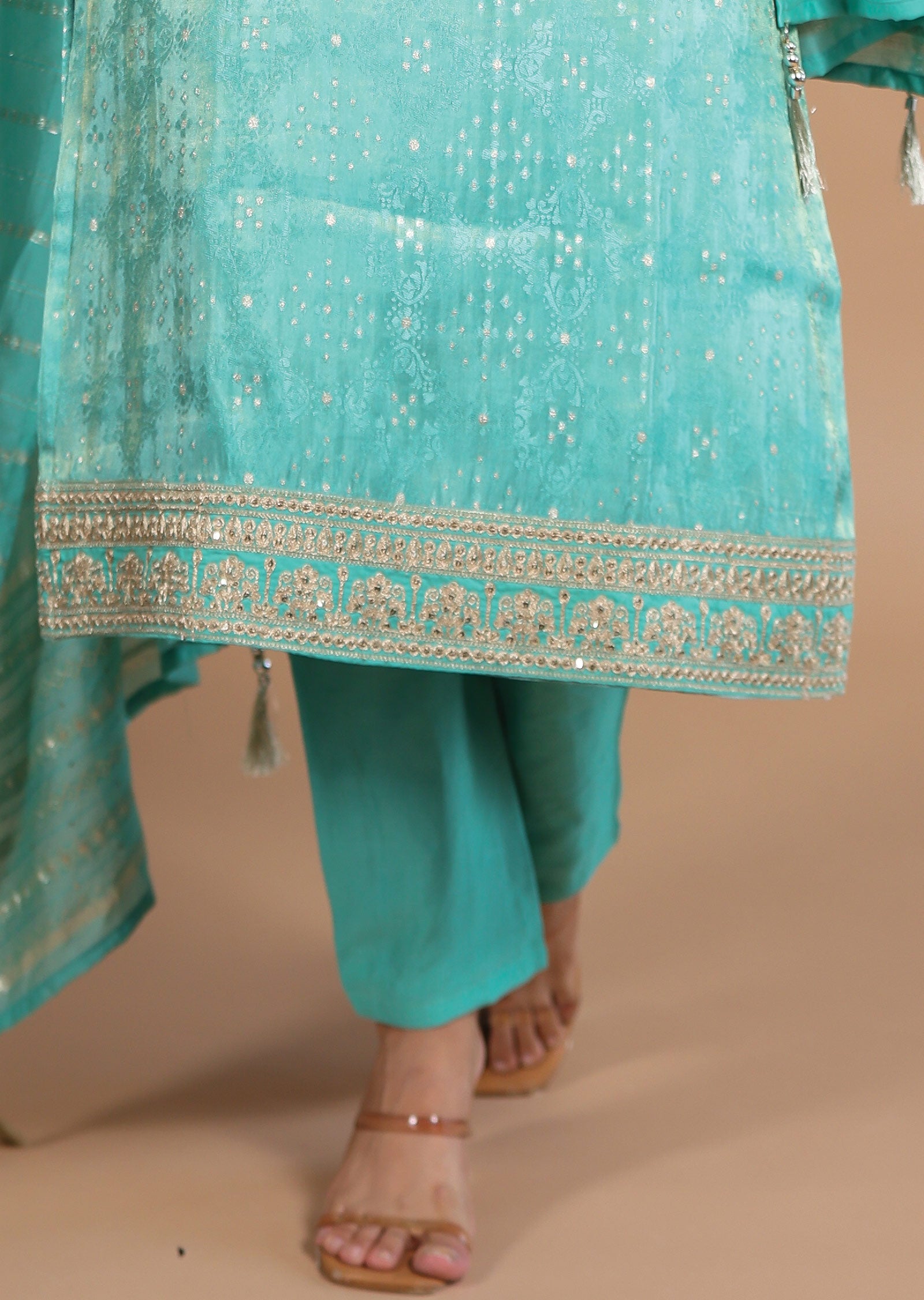 Green Banara Tissue Silk Straight cut suits