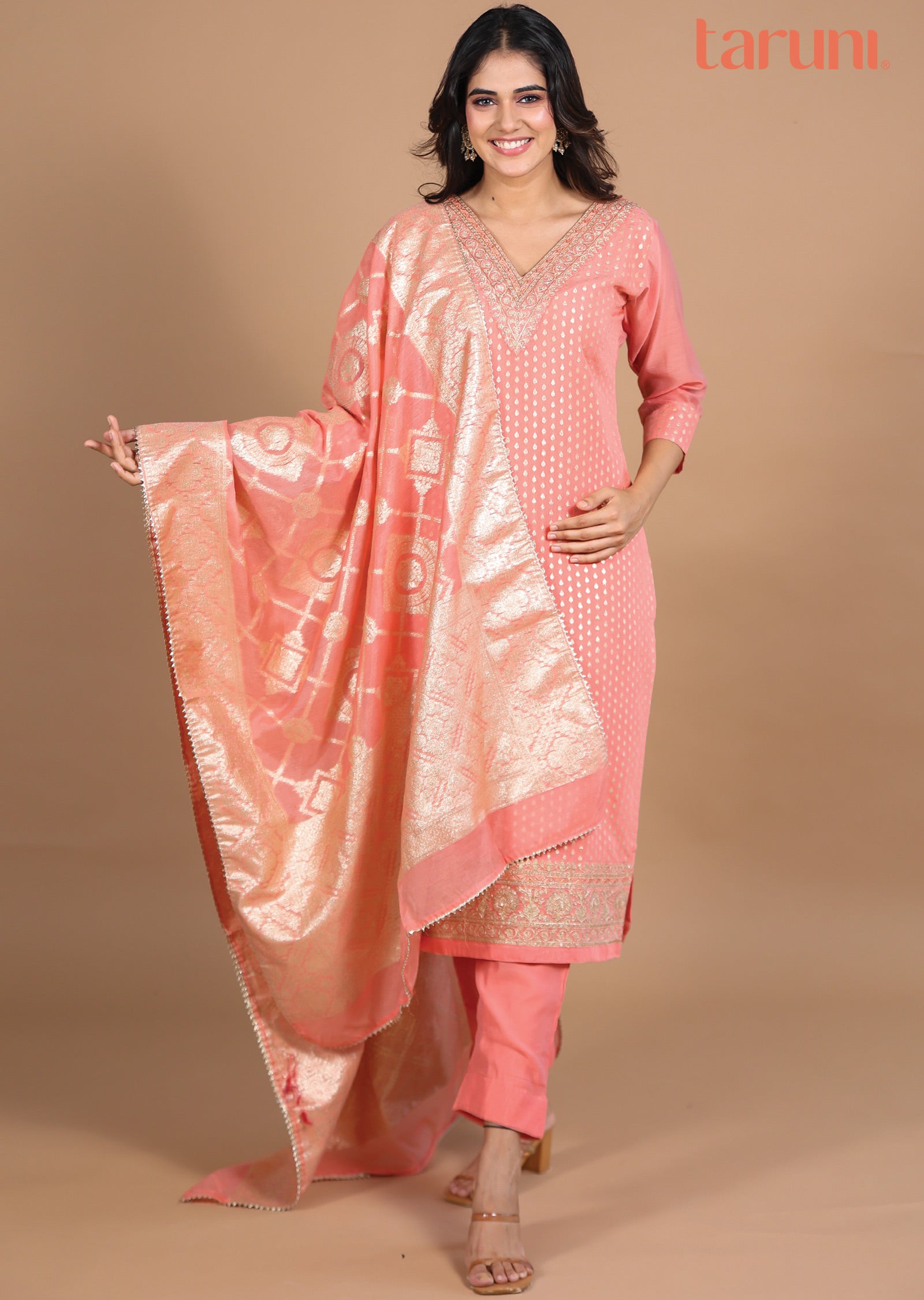 Peach Chanderi Straight cut suits