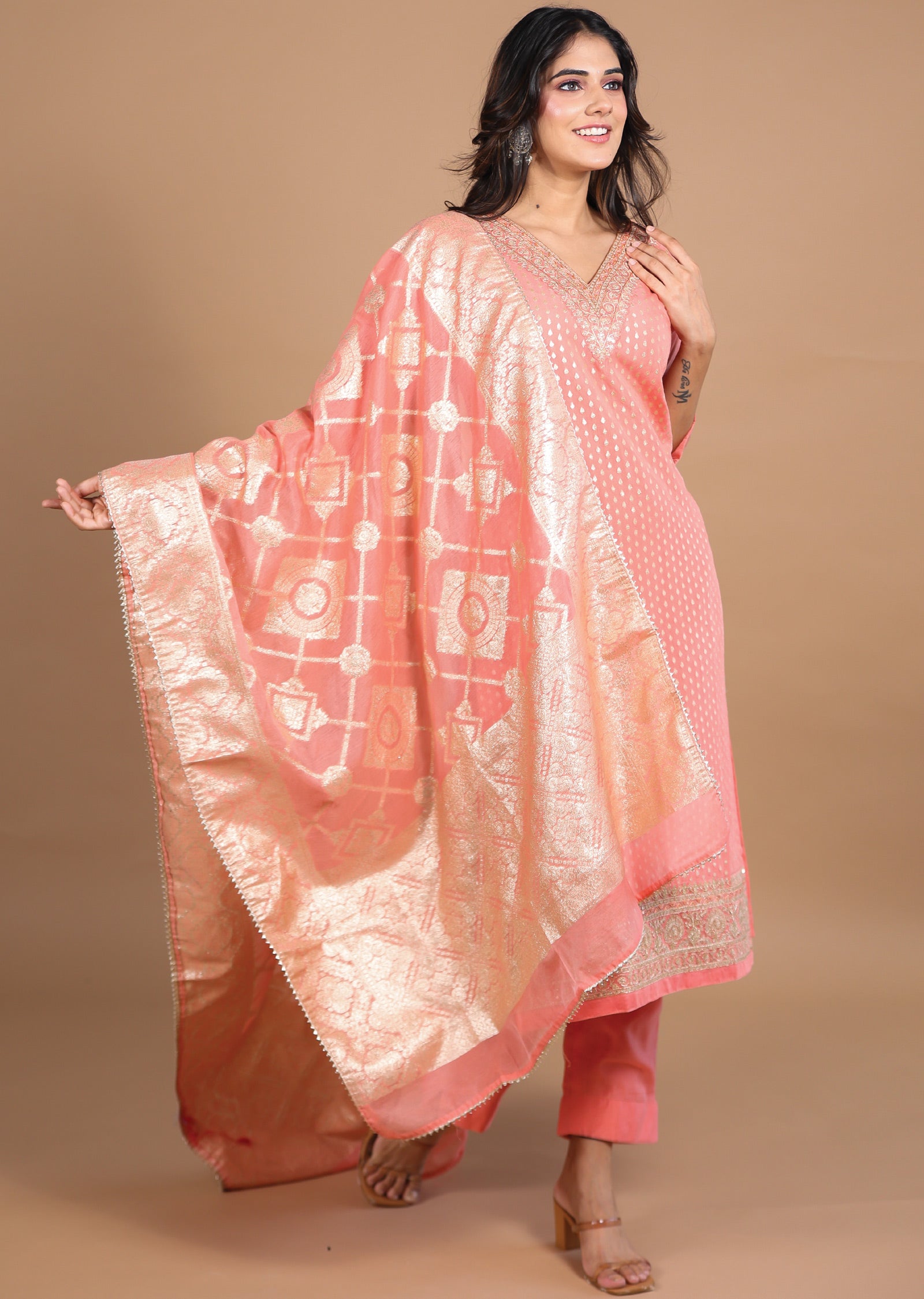 Peach Chanderi Straight cut suits