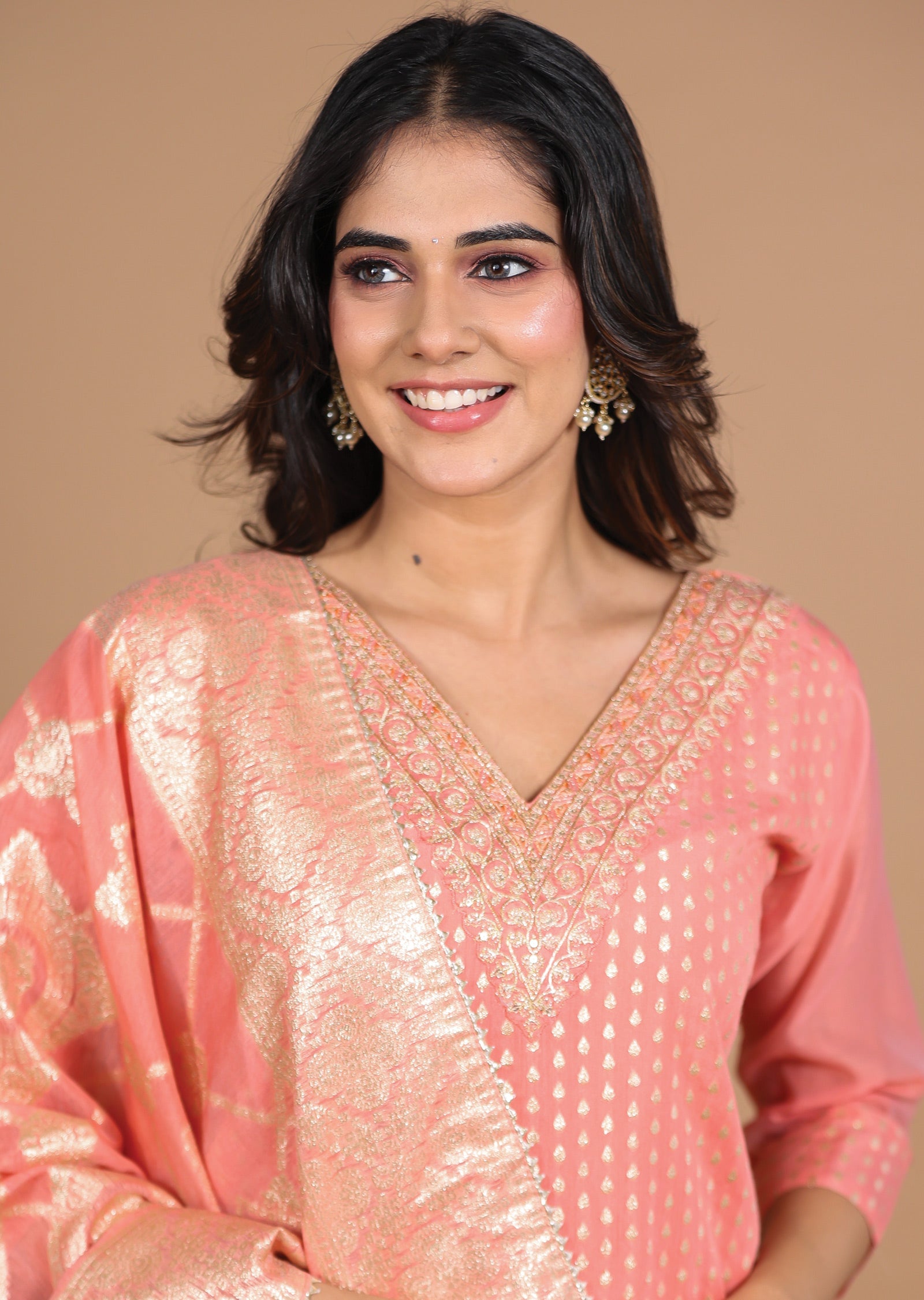 Peach Chanderi Straight cut suits