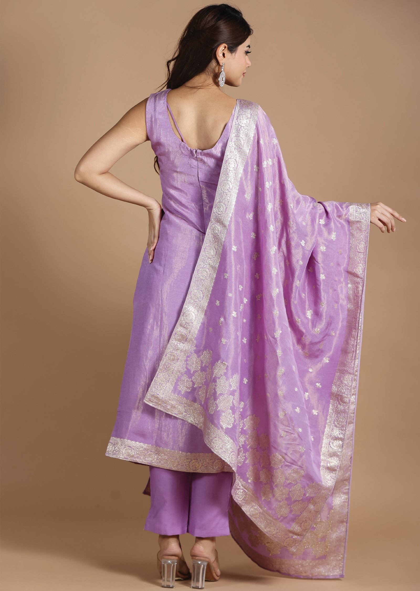 Lavender Tissue Banaras Straight cut suits