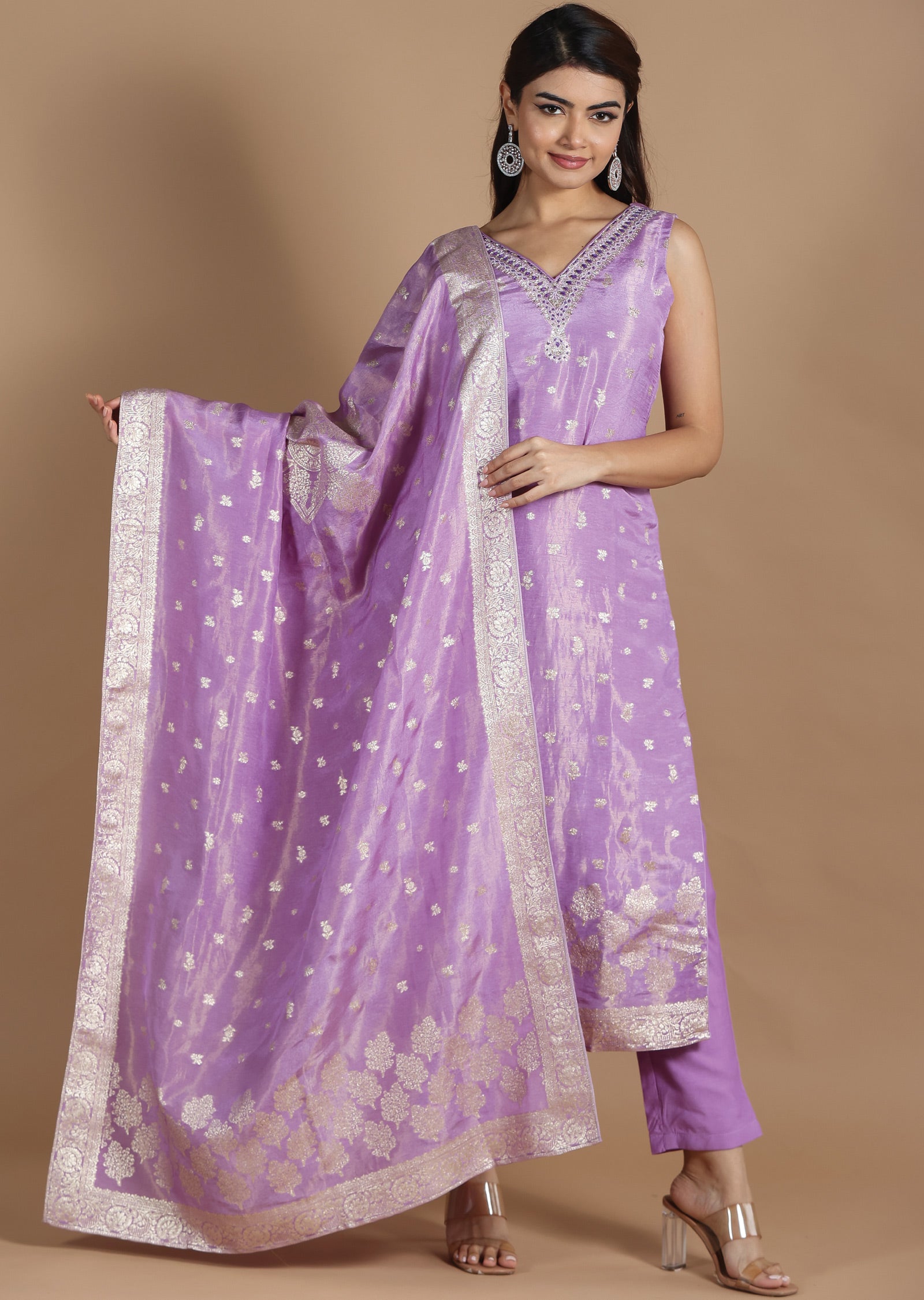 Lavender Tissue Banaras Straight cut suits - Main Image