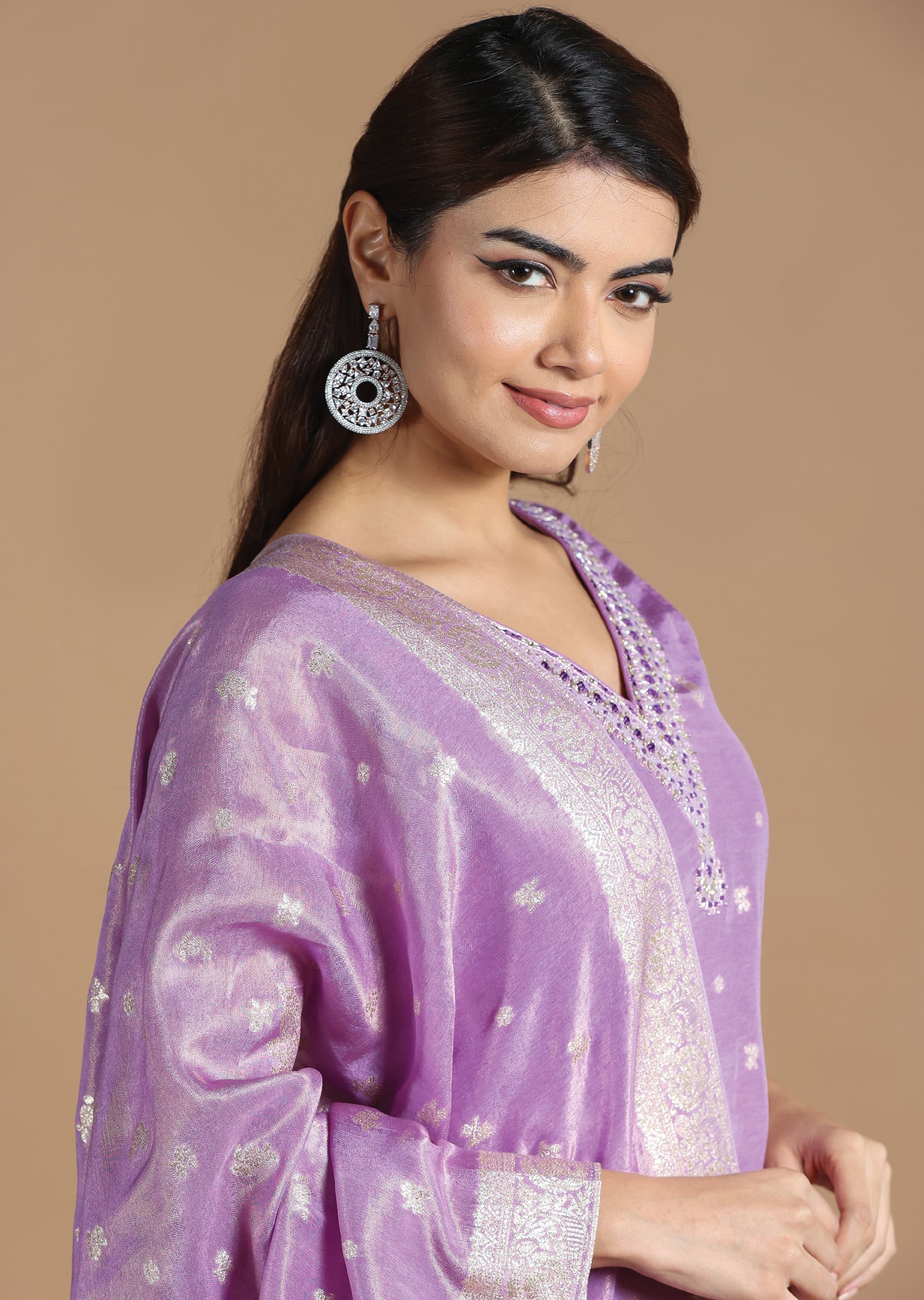 Lavender Tissue Banaras Straight cut suits