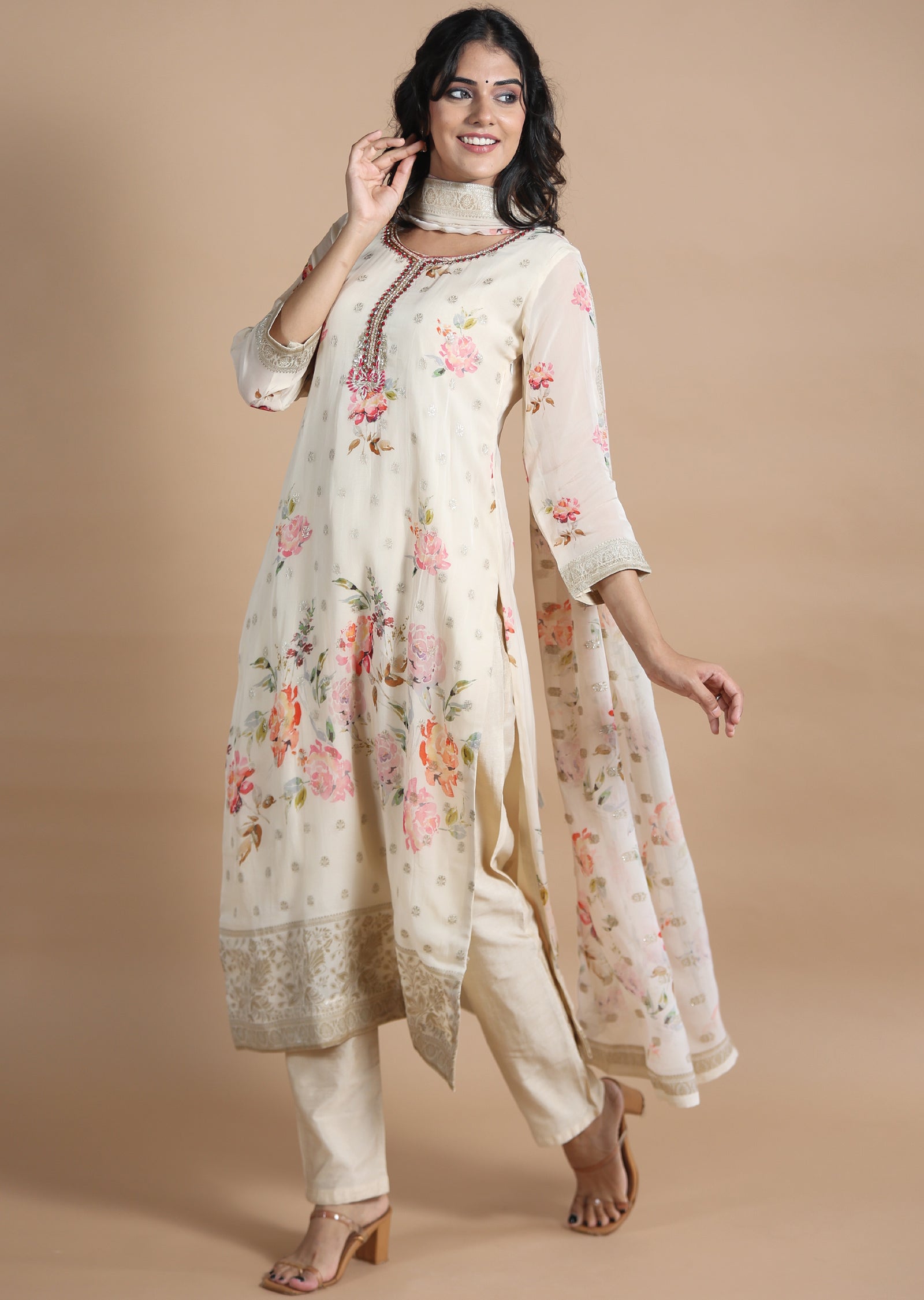 Beige Banaras Straight cut suits