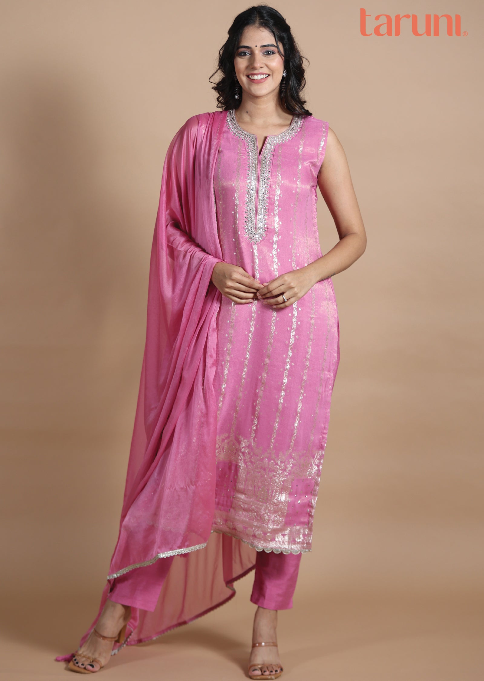 Pink Banaras Tissue Georgette Straight cut suits