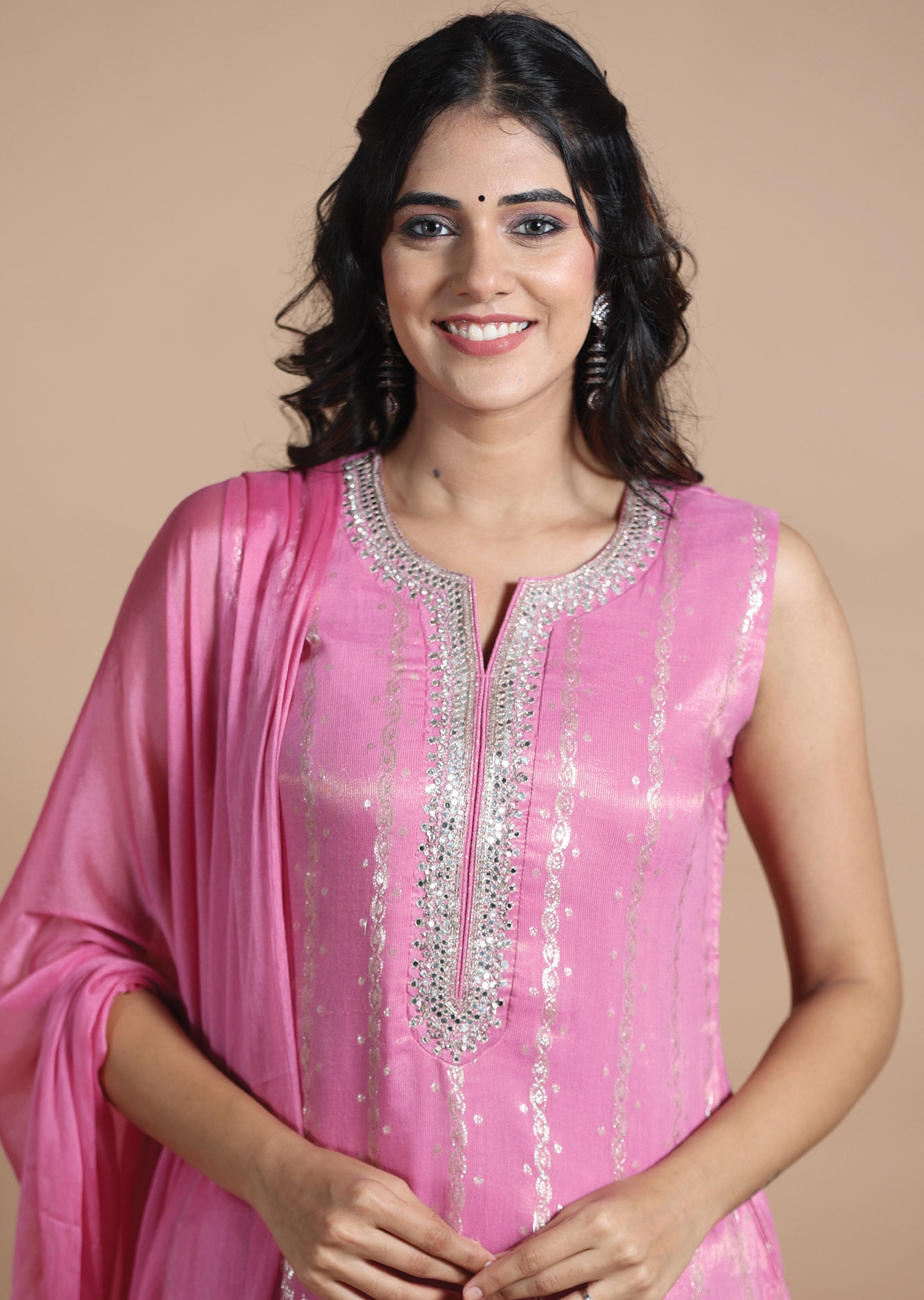 Pink Banaras Tissue Georgette Straight cut suits