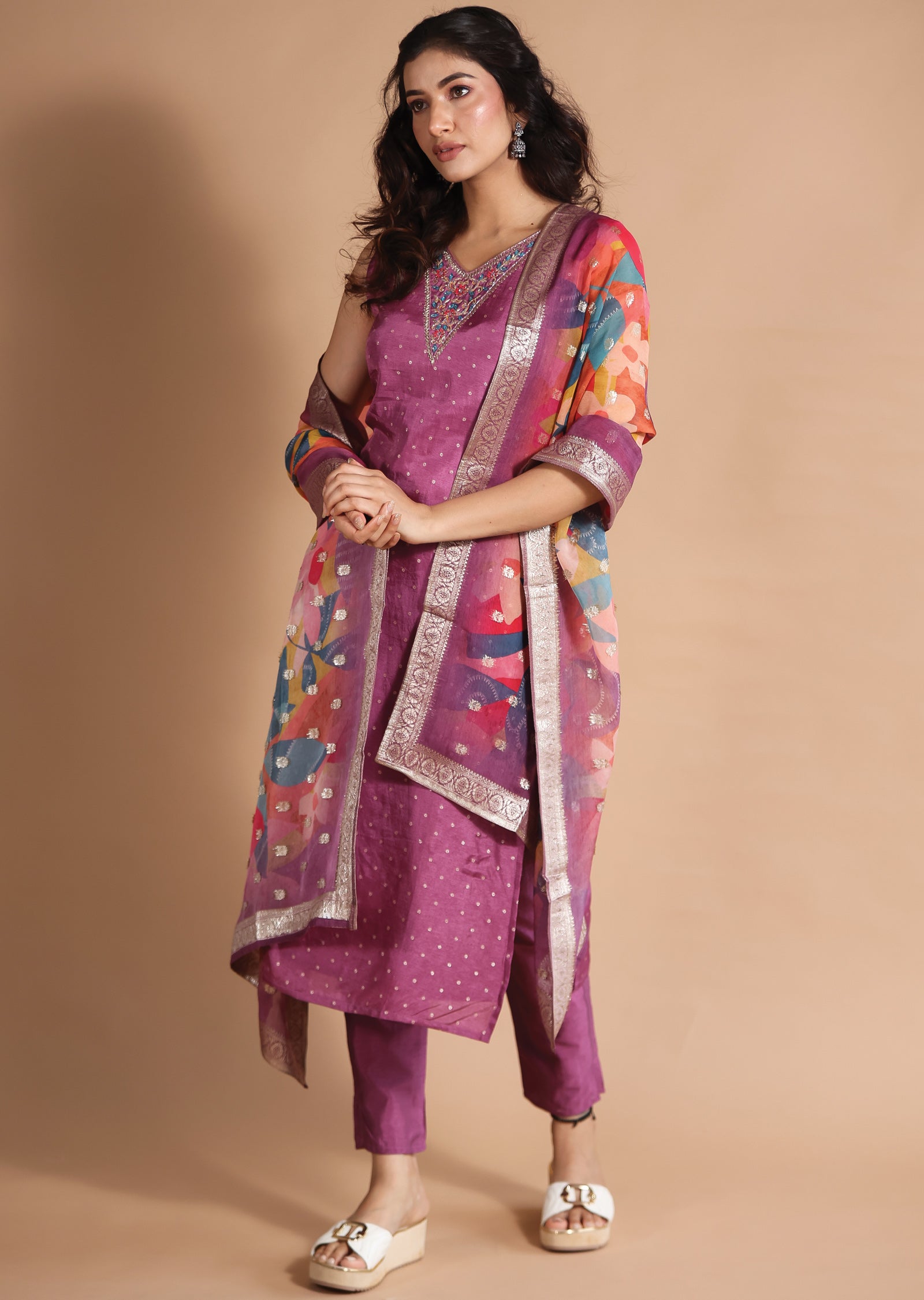 Dark Mauve Banaras Straight cut suits