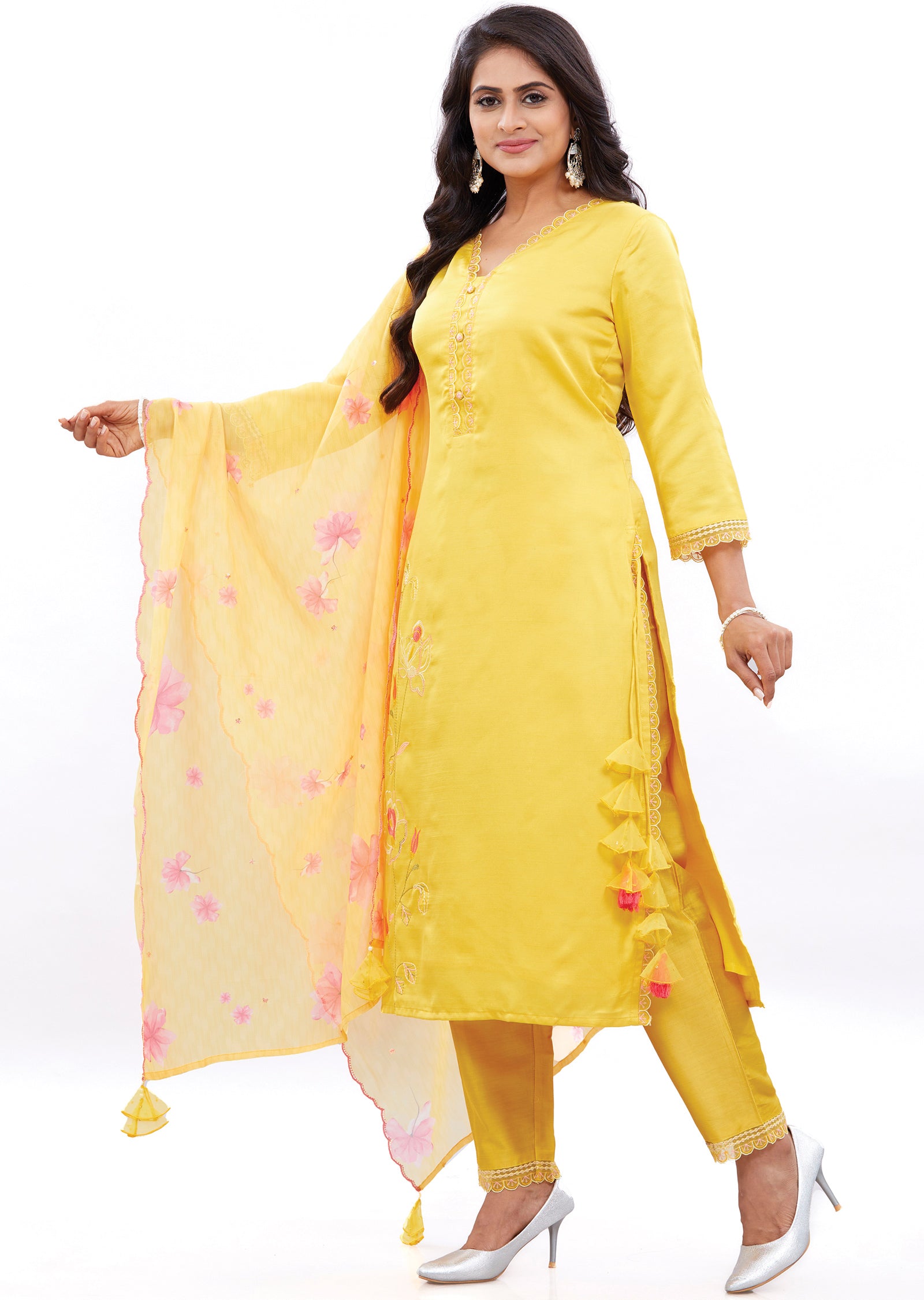 Yellow Soft Silk Straight Cut Suits