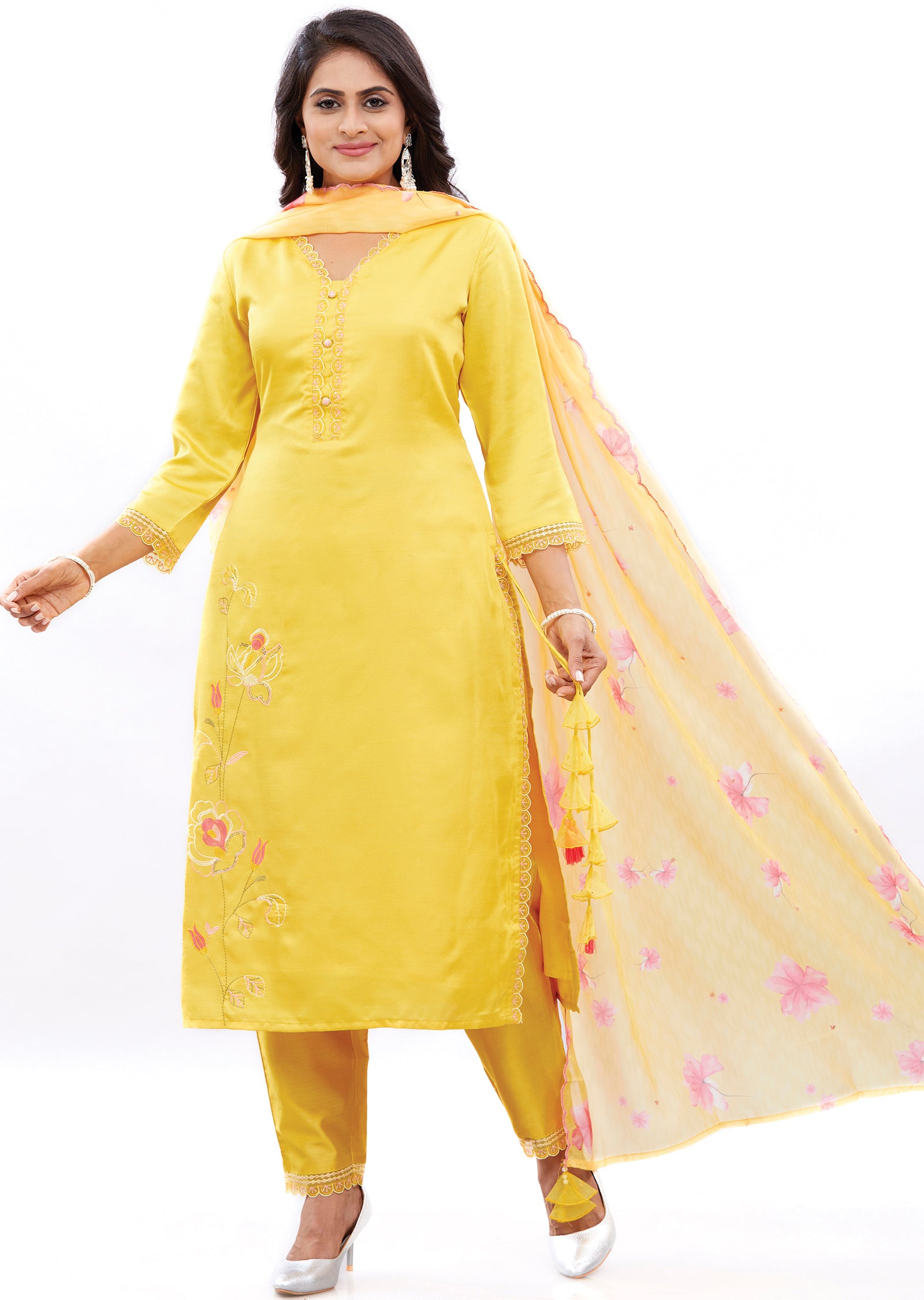 Yellow Soft Silk Straight Cut Suits