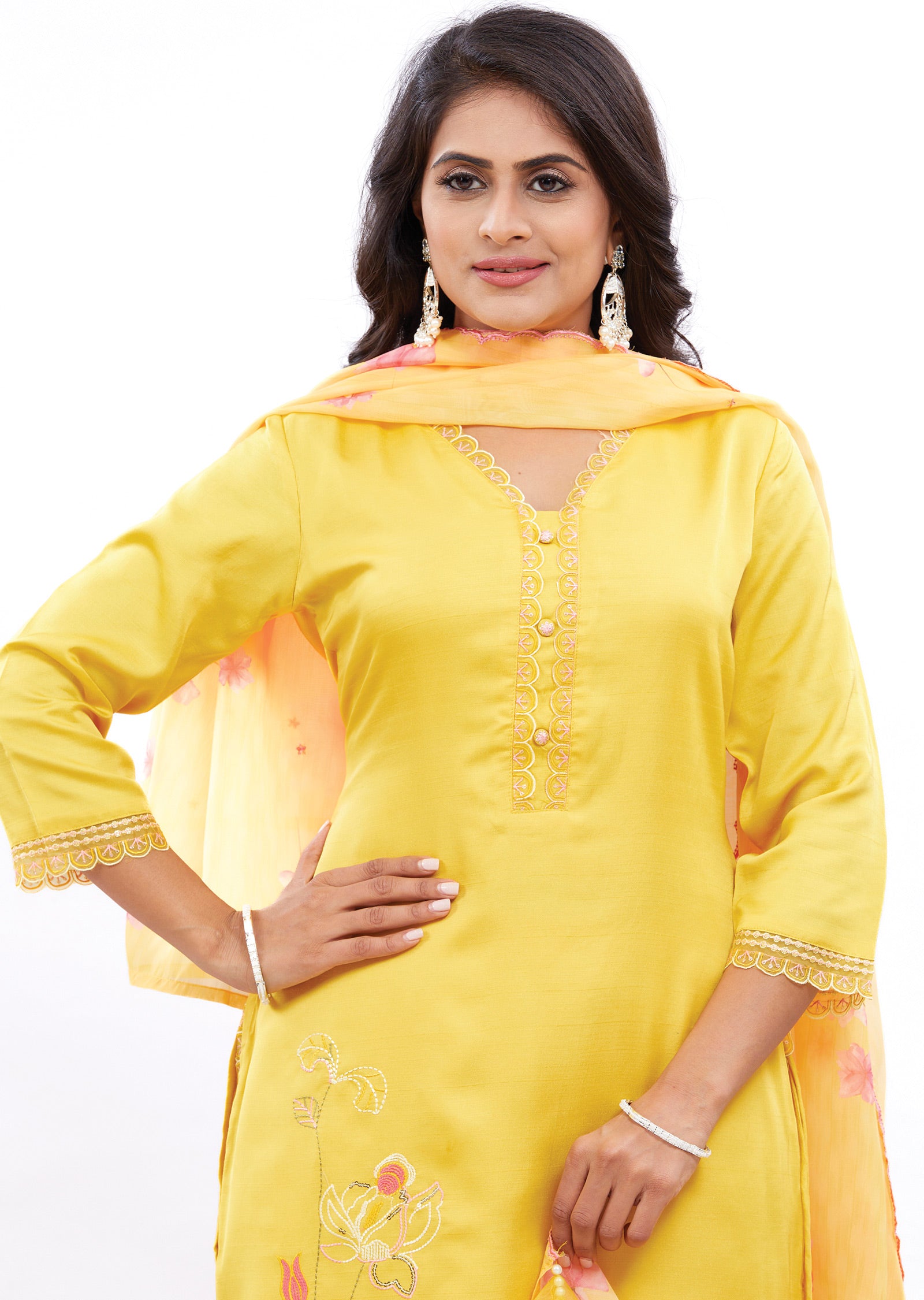 Yellow Soft Silk Straight Cut Suits