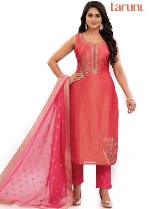 Dark Pink Tissue Silk Kurti with Zardosi & Mirror Work