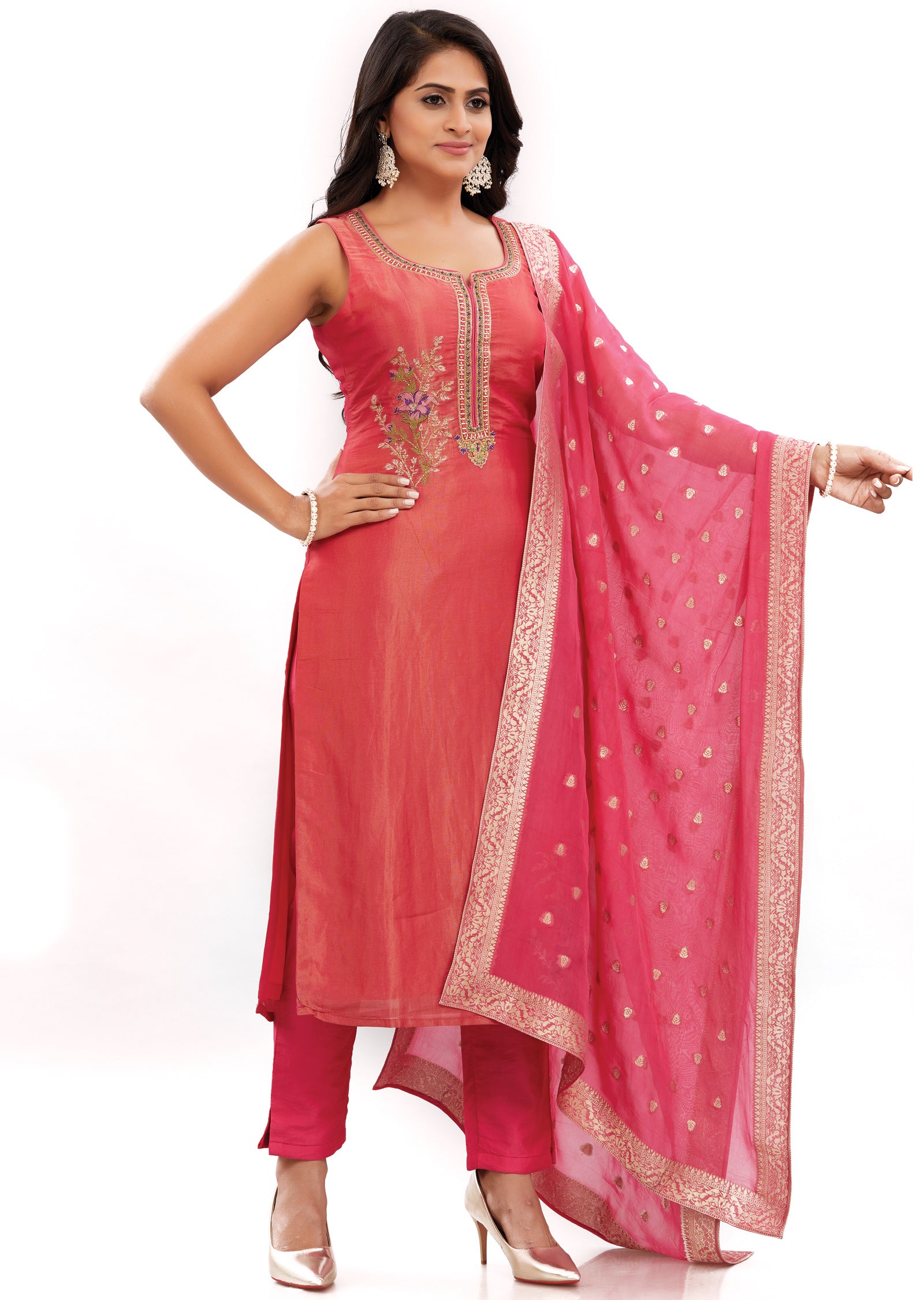 Dark Pink Tissue Silk Straight Cut Suits