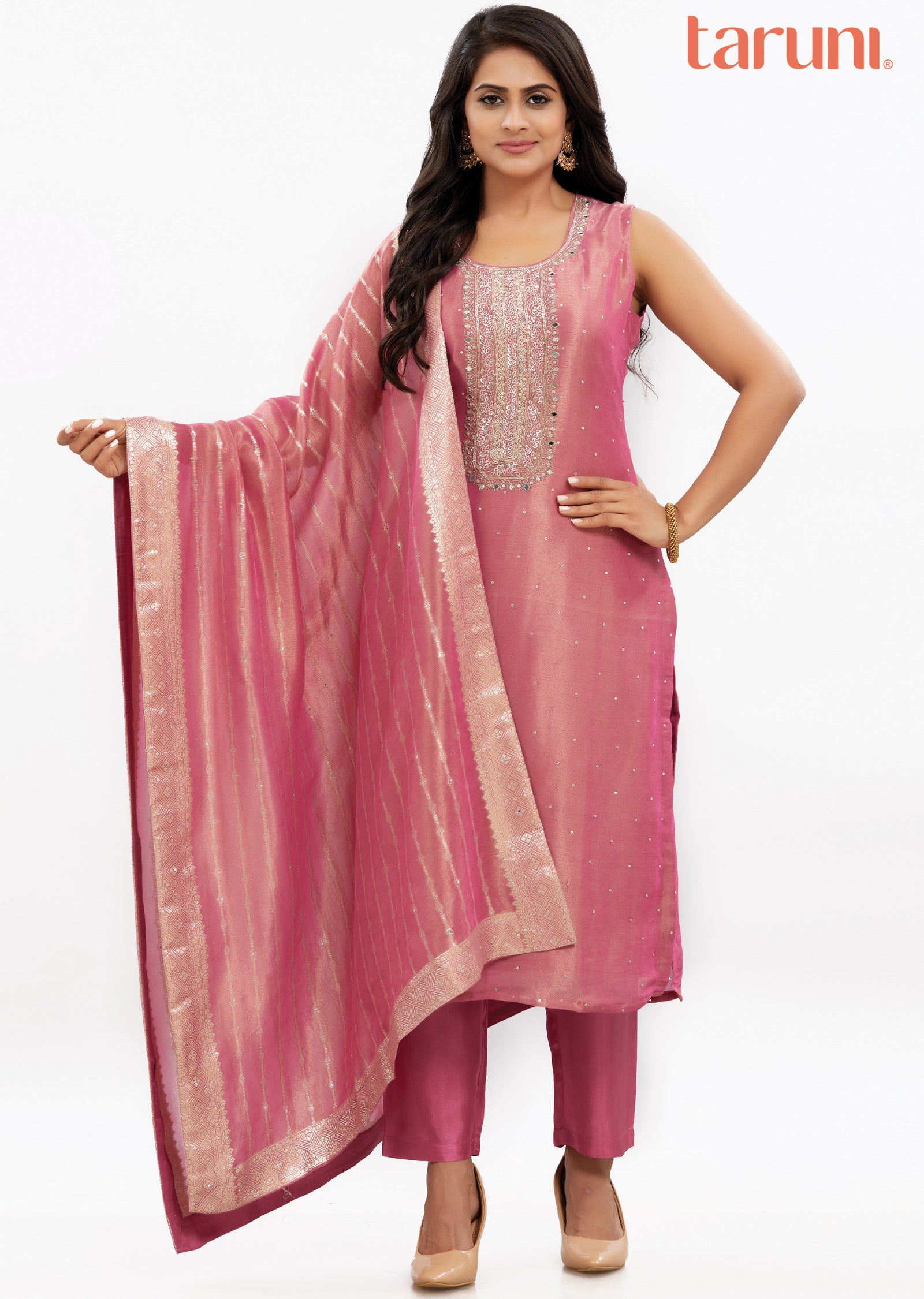 Dark Pink Banaras Tissue Silk Kurti with Zardosi Work