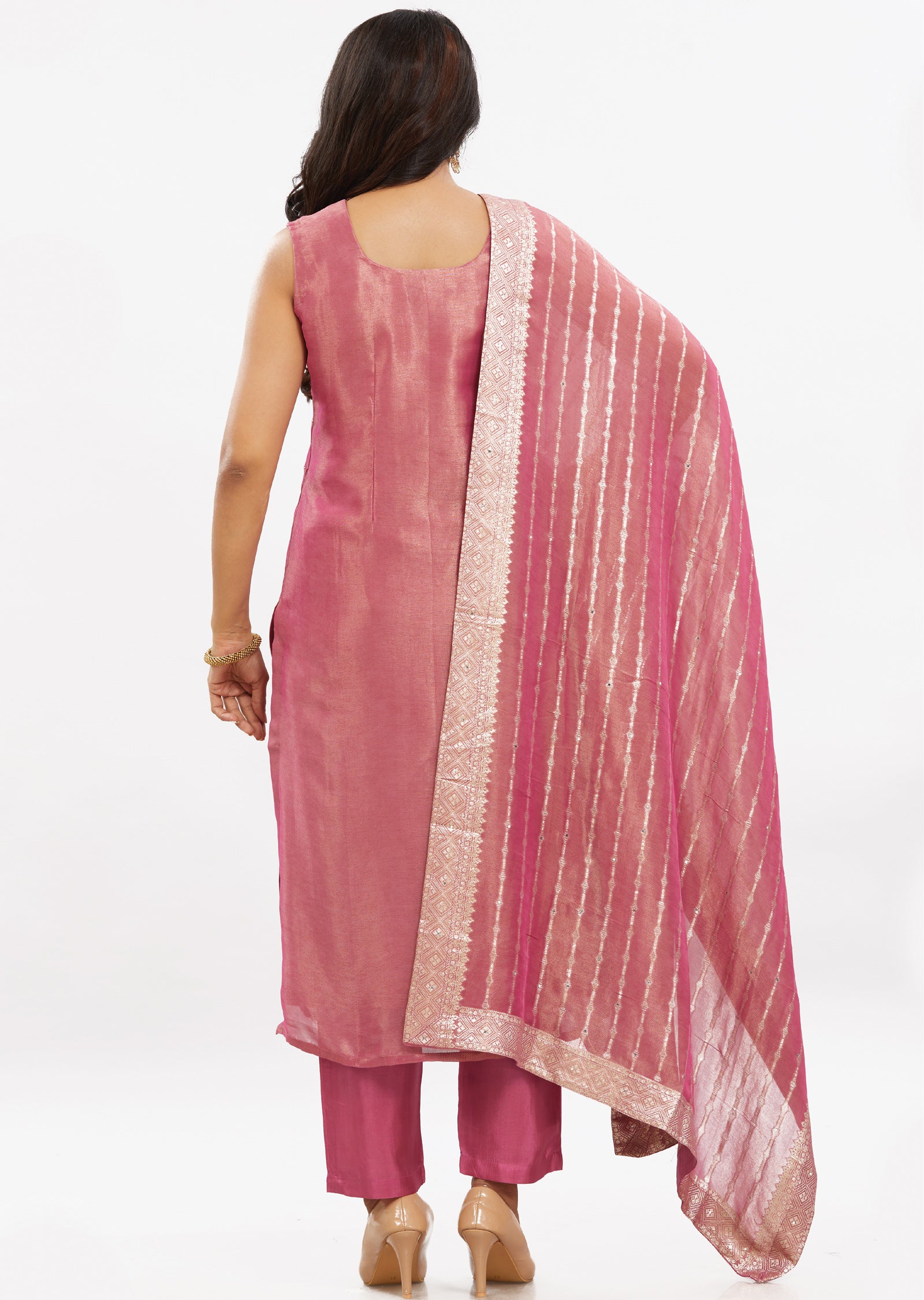 Dark Pink Tissue Silk Straight Cut Suits