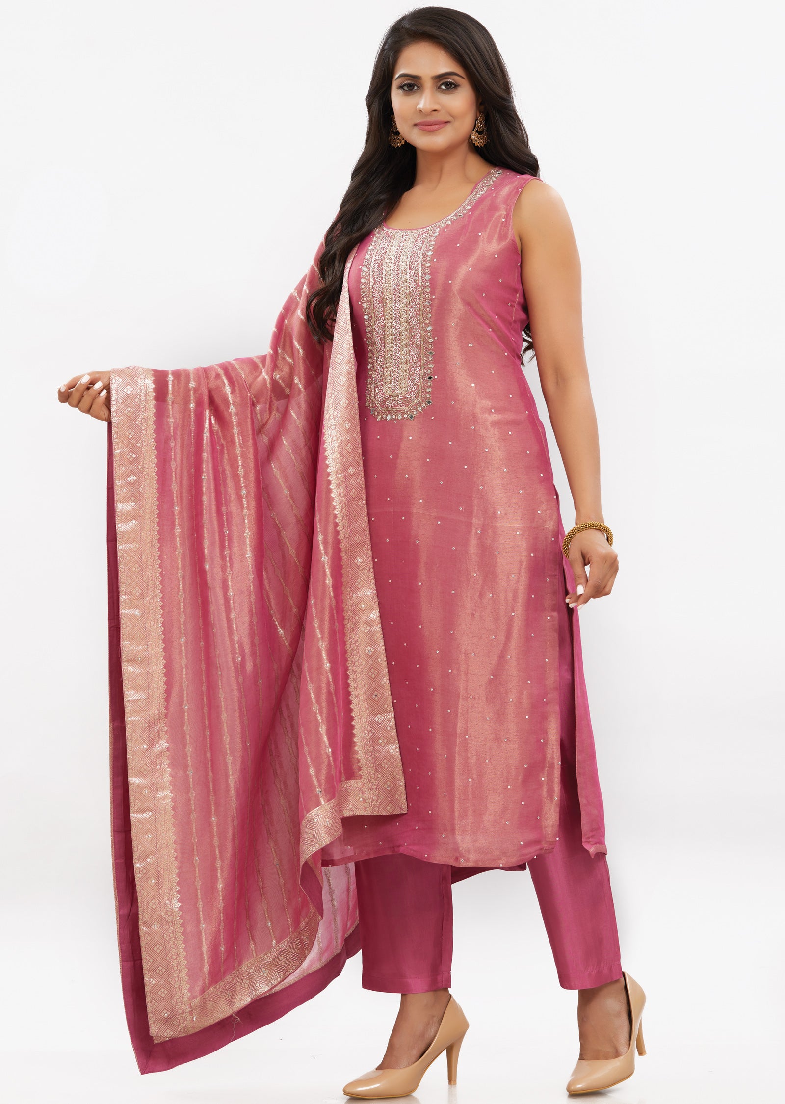 Dark Pink Tissue Silk Straight Cut Suits